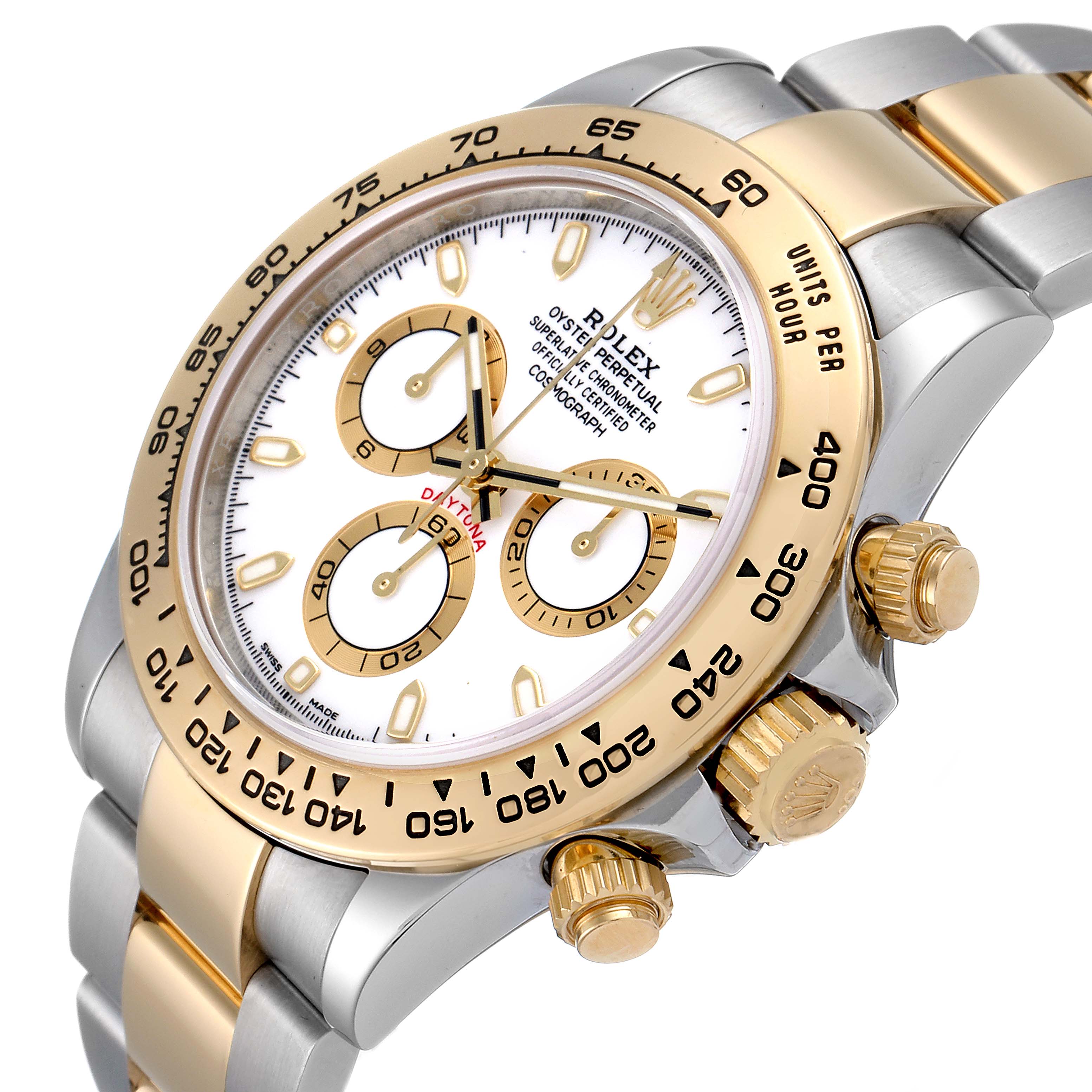 The image shows a close-up angled view of the Rolex Daytona 116503 Men
s Steel and Gold (two tone) White Dial 116503 Men
s Steel and Gold (two tone) White Dial watch face, bezel, crown, and part of the bracelet.