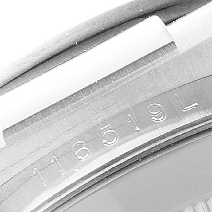 This image shows a close-up of the engraved reference number on the case of a Rolex Daytona 116519 Men's White Gold Grey Dial 116519 Men's White Gold Grey Dial watch.