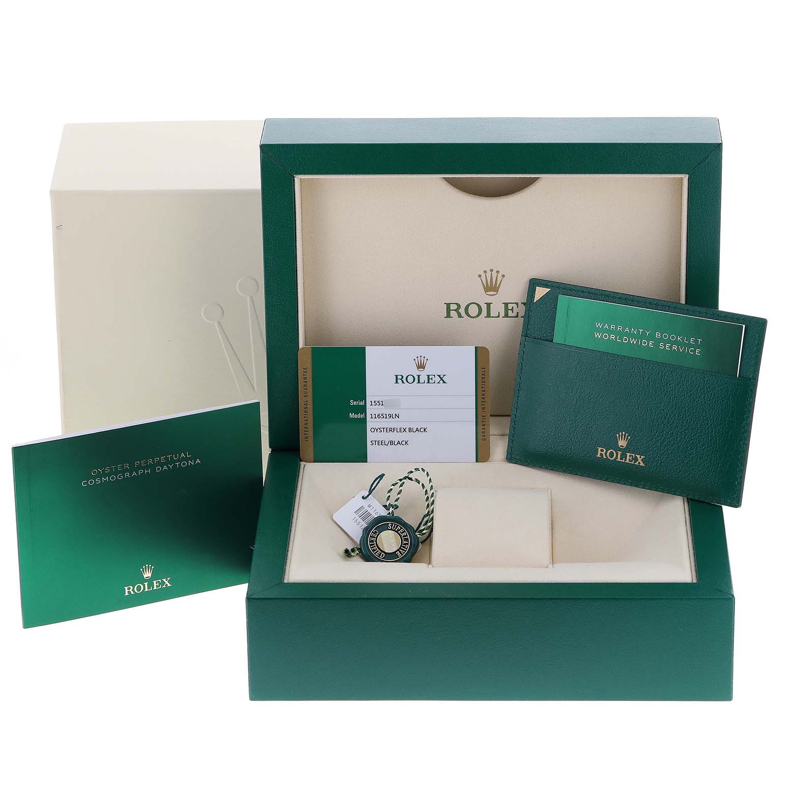 The image shows the packaging, warranty booklets, tags, and authenticity card for a Rolex Daytona 116519 Men's White Gold Grey Dial 116519 Men's White Gold Grey Dial watch.