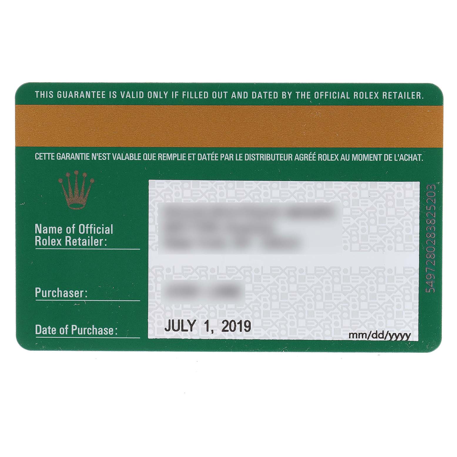 This image shows the guarantee card for a Rolex Daytona 116519 Men's White Gold Grey Dial 116519 Men's White Gold Grey Dial watch.