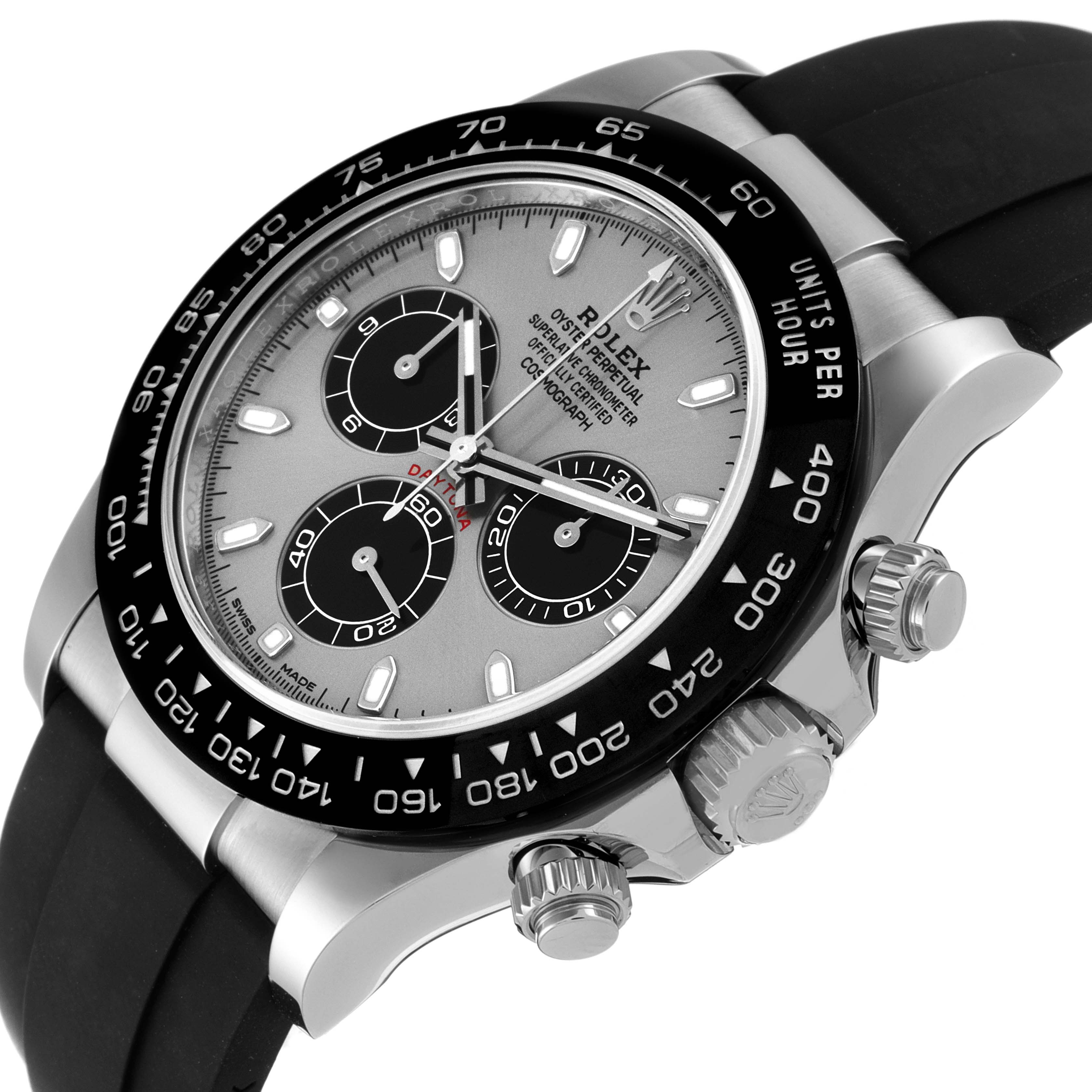 This image shows the Rolex Daytona 116519 Men's White Gold Grey Dial 116519 Men's White Gold Grey Dial watch at an angle that highlights the face, bezel, crown, and pushers.