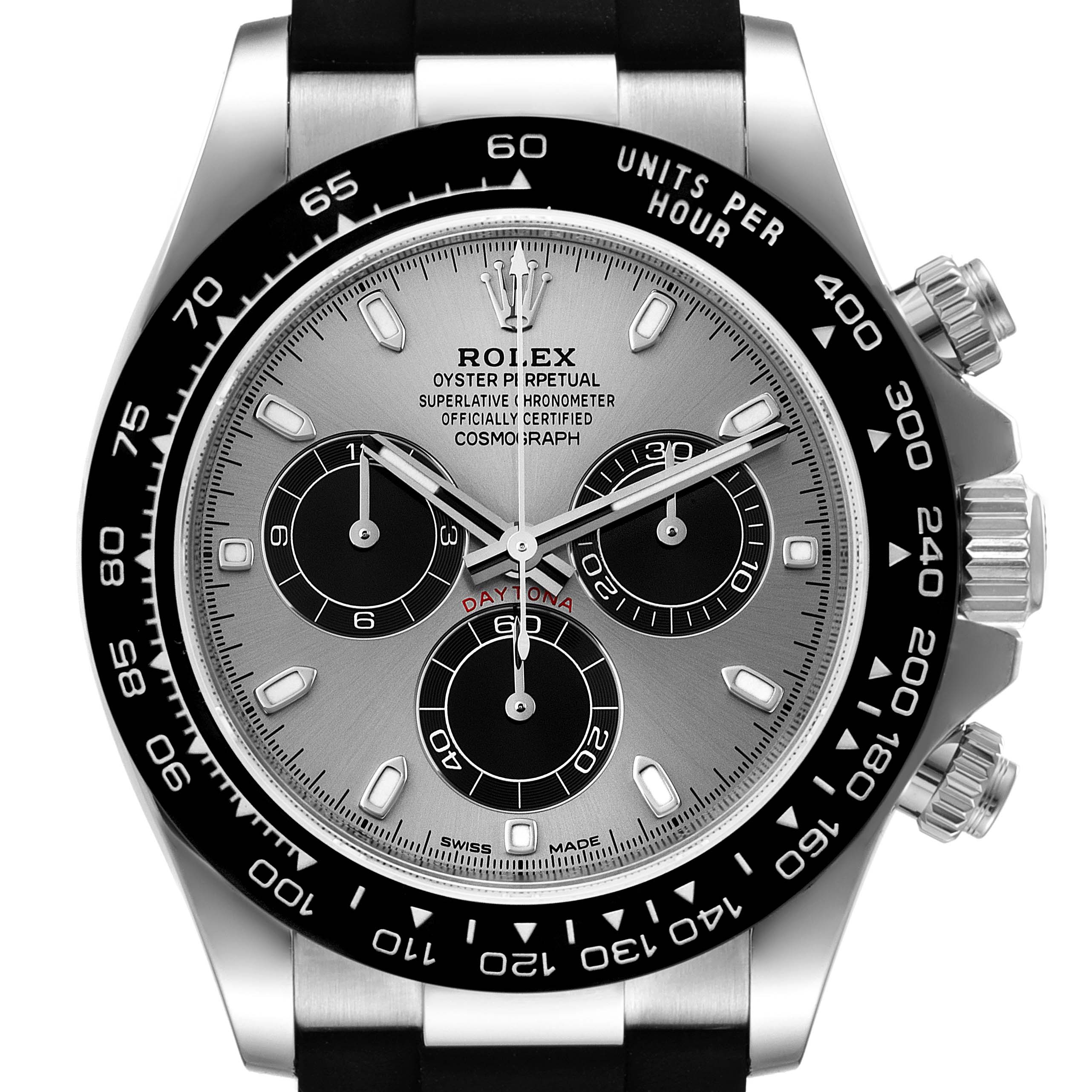 The image shows a front view of the Rolex Daytona 116519 Men's White Gold Grey Dial 116519 Men's White Gold Grey Dial watch, highlighting its dial, bezel, and chronograph subdials.