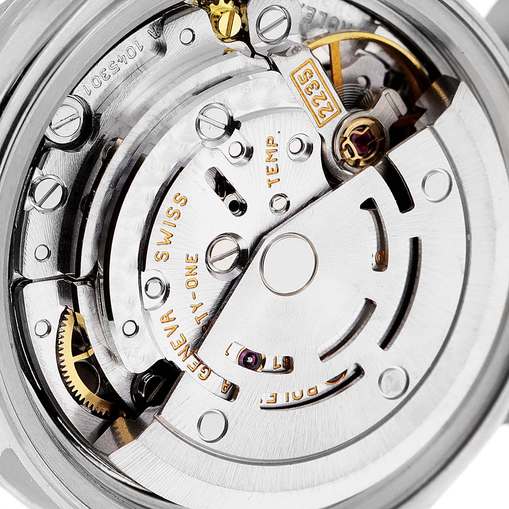 This is a close-up view of the movement inside a Rolex Date 79240 Women's Stainless Steel Pink Dial 79240 Women's Stainless Steel Pink Dial model watch, showing its intricate mechanical components.