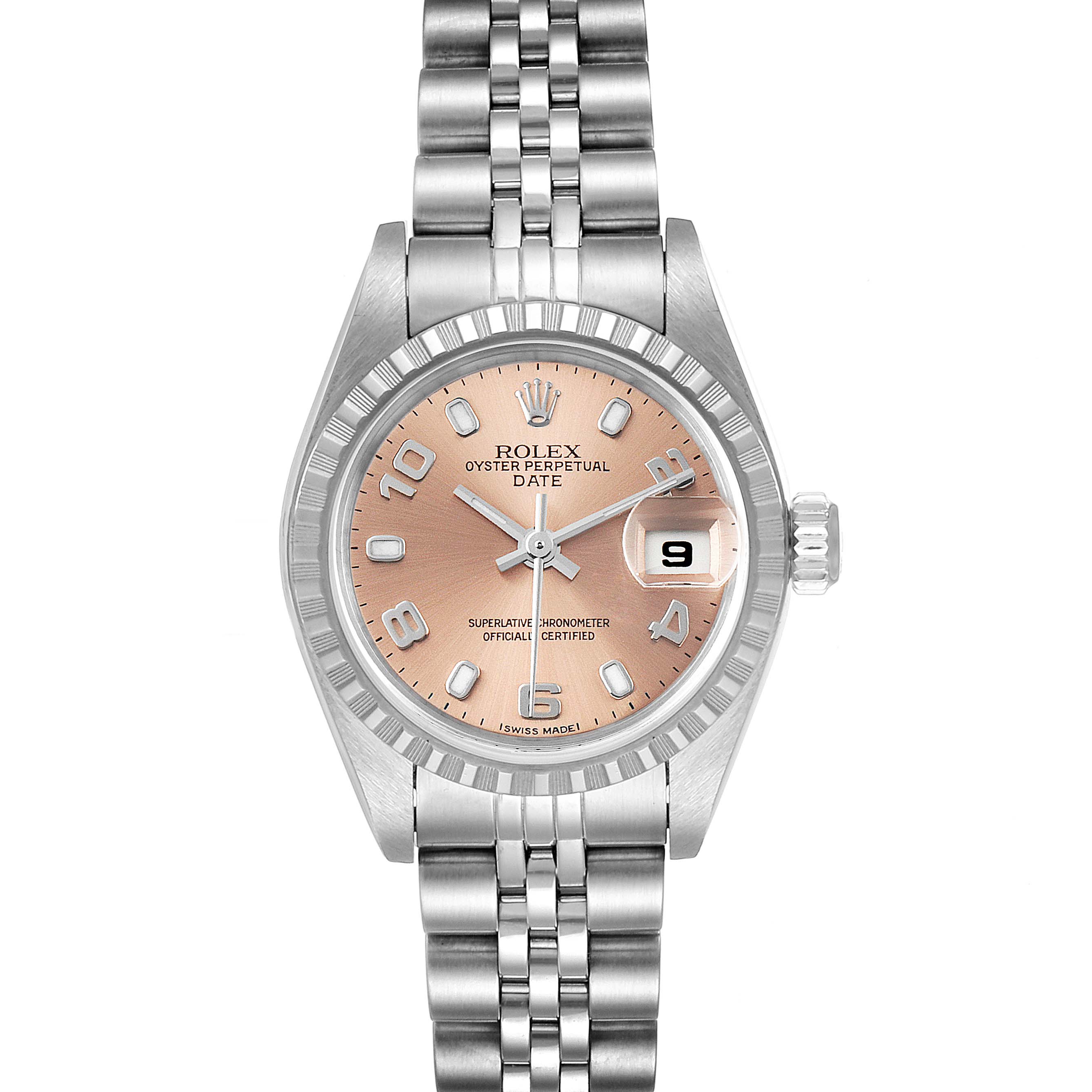 The image shows a front view of a Rolex Date 79240 Women's Stainless Steel Pink Dial 79240 Women's Stainless Steel Pink Dial model watch, displaying the dial, bezel, crown, and bracelet.