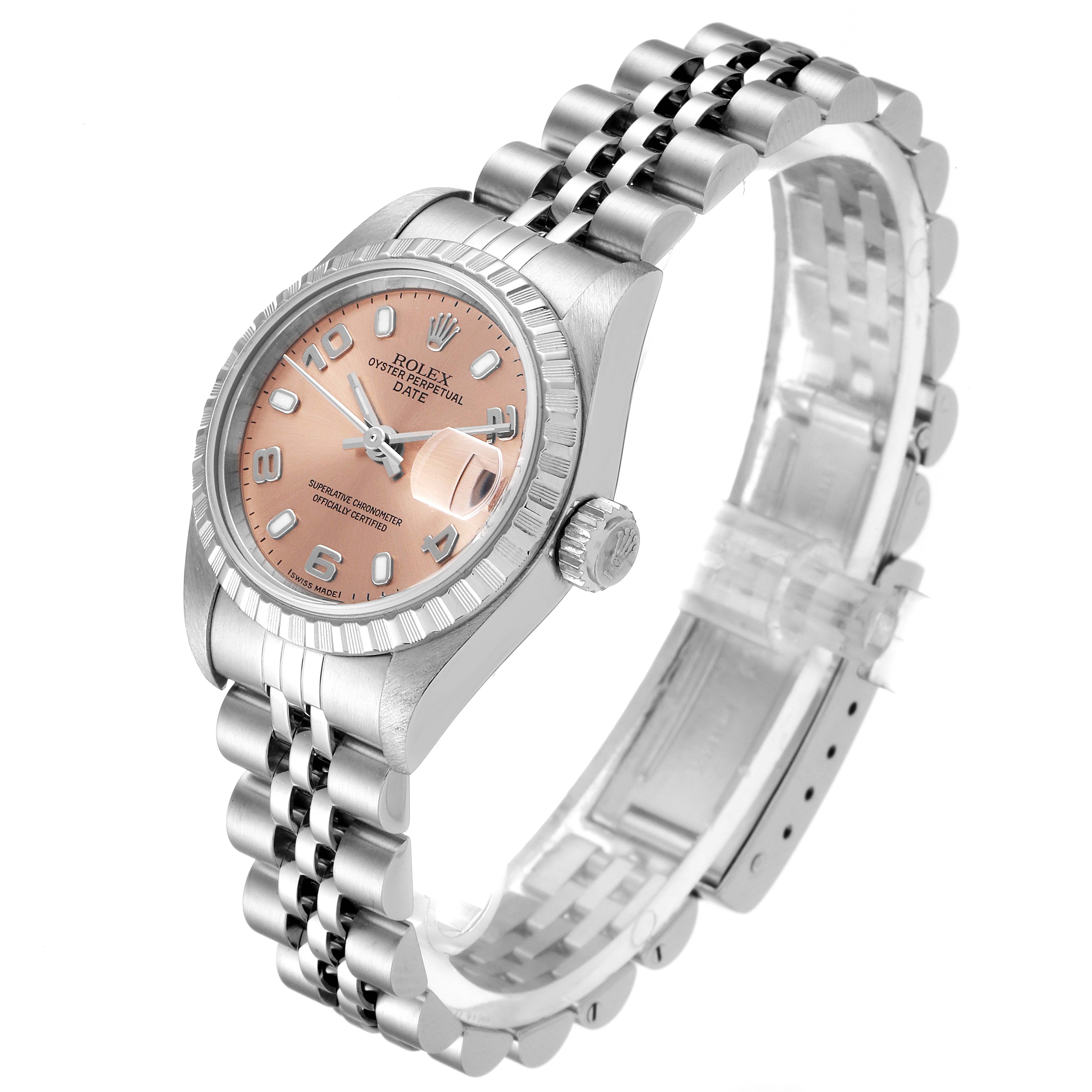 The Rolex Date 79240 Women's Stainless Steel Pink Dial 79240 Women's Stainless Steel Pink Dial model watch is shown at a slight angle displaying the dial, crown, bezel, and part of the bracelet.