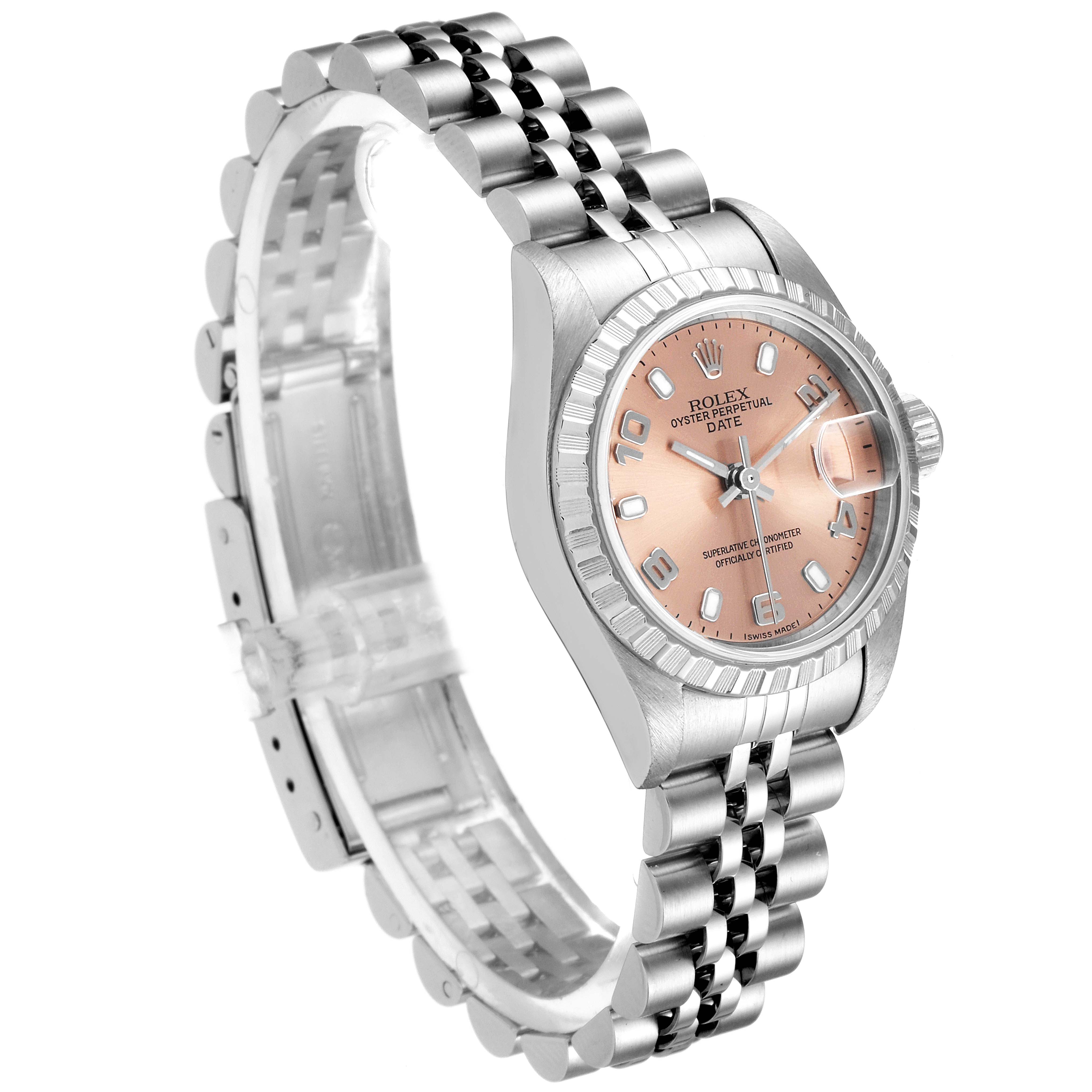 The image shows a Rolex Date 79240 Women's Stainless Steel Pink Dial 79240 Women's Stainless Steel Pink Dial model watch from a three-quarter angle, highlighting the face, bezel, crown, and bracelet.