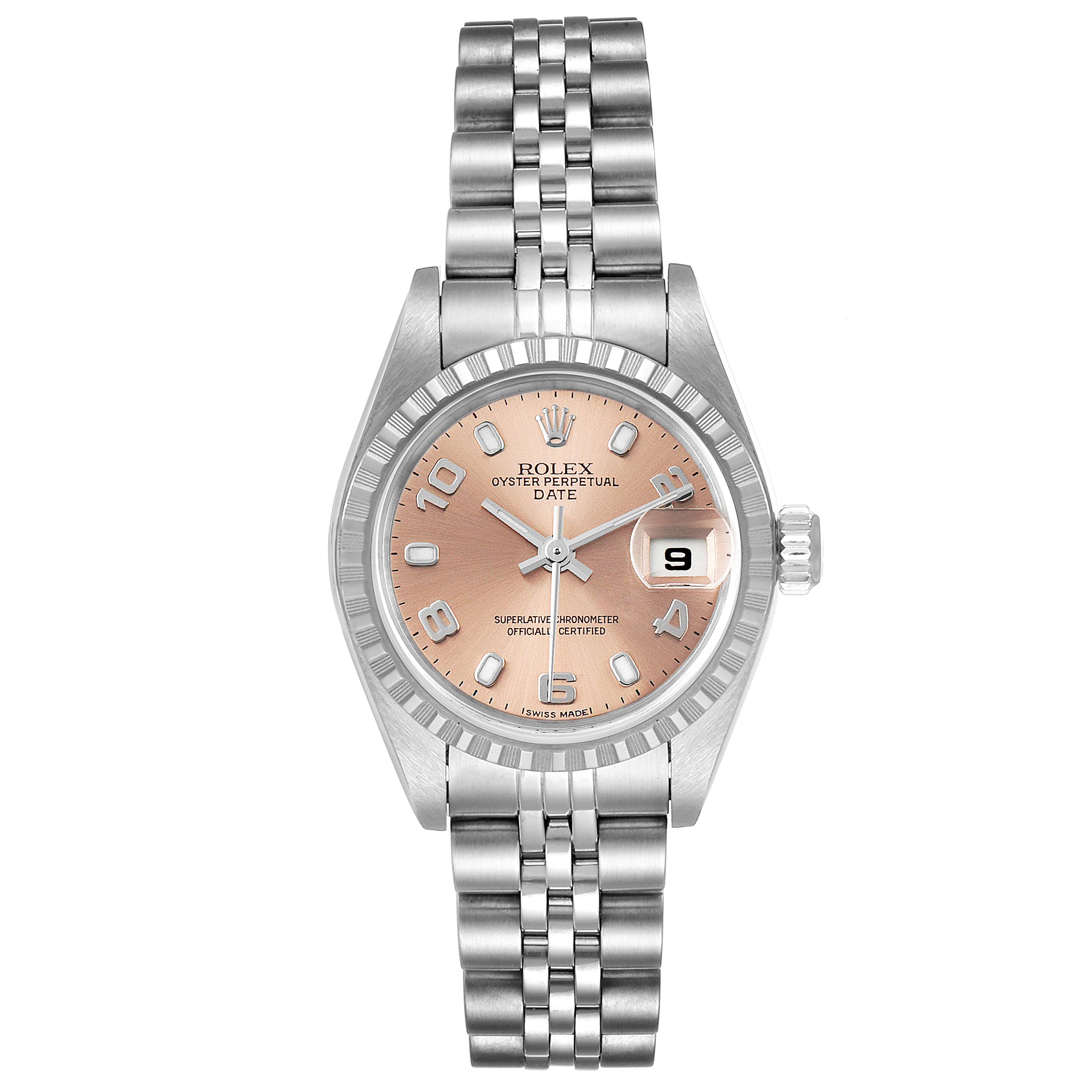 The image shows a full frontal view of a Rolex Date 79240 Women's Stainless Steel Pink Dial 79240 Women's Stainless Steel Pink Dial model watch, including its face, bezel, and bracelet.