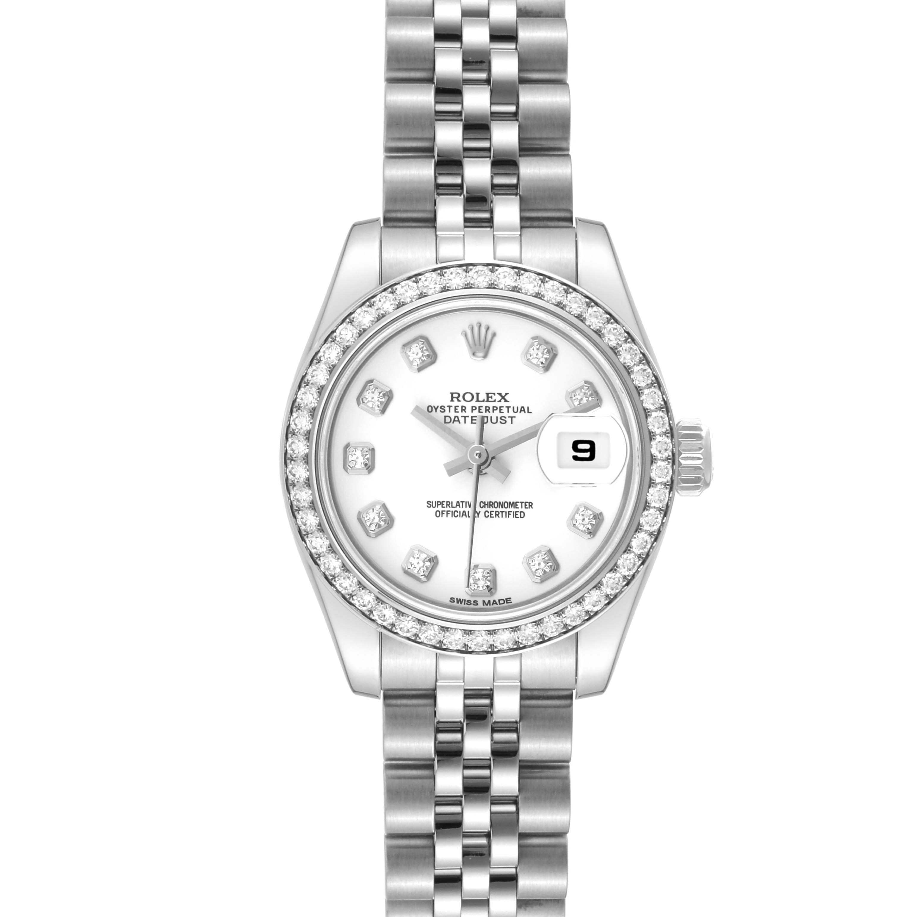 The image shows a front view of a Rolex Datejust 179384 Women's Stainless Steel White Dial 179384 Women's Stainless Steel White Dial watch, highlighting its jeweled bezel, white dial, and Jubilee bracelet.