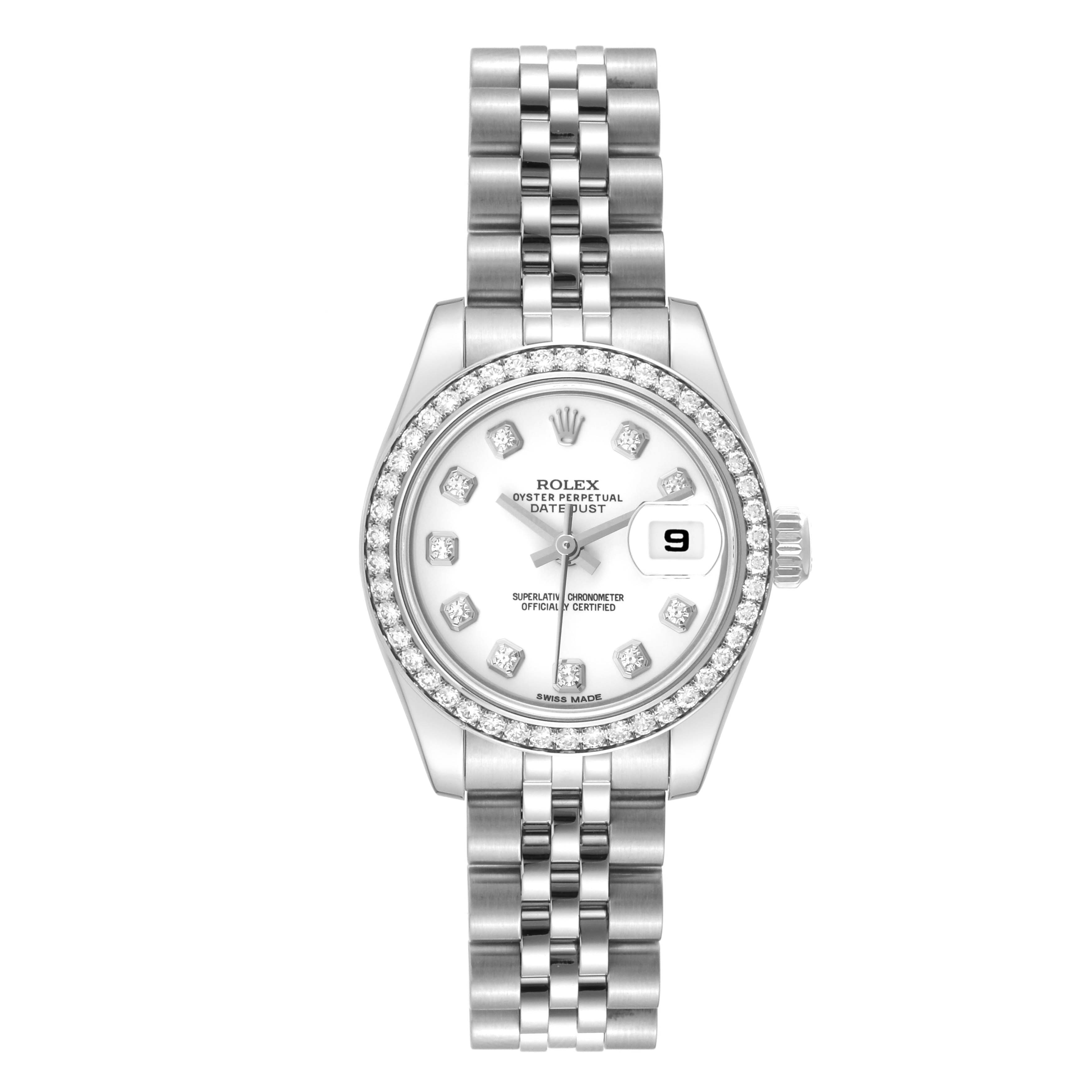 The image shows a frontal view of a Rolex Datejust 179384 Women's Stainless Steel White Dial 179384 Women's Stainless Steel White Dial watch with a diamond-studded bezel and bracelet.