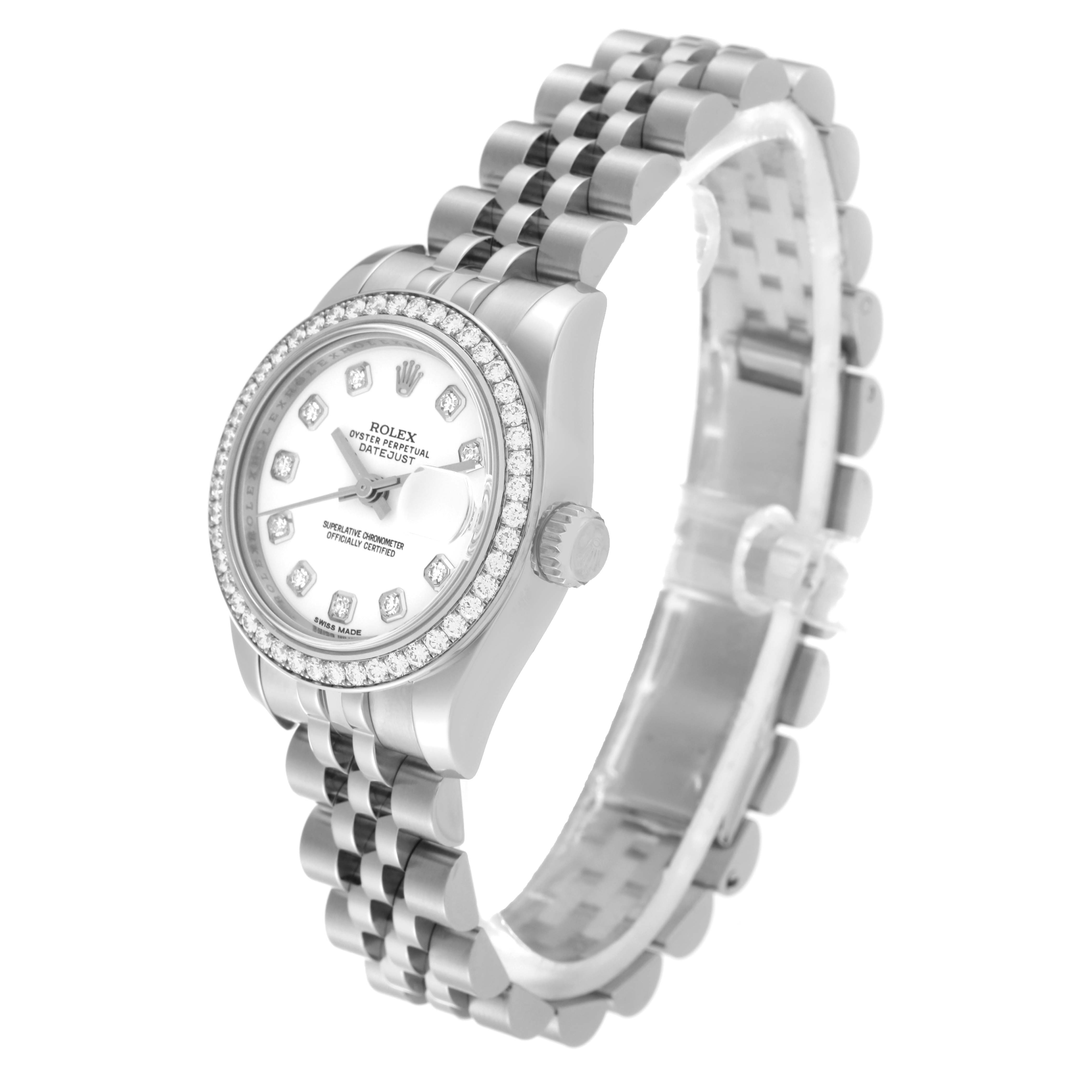 The image shows an angled view of the Rolex Datejust 179384 Women's Stainless Steel White Dial 179384 Women's Stainless Steel White Dial watch, highlighting its face, bezel, crown, and Jubilee bracelet.