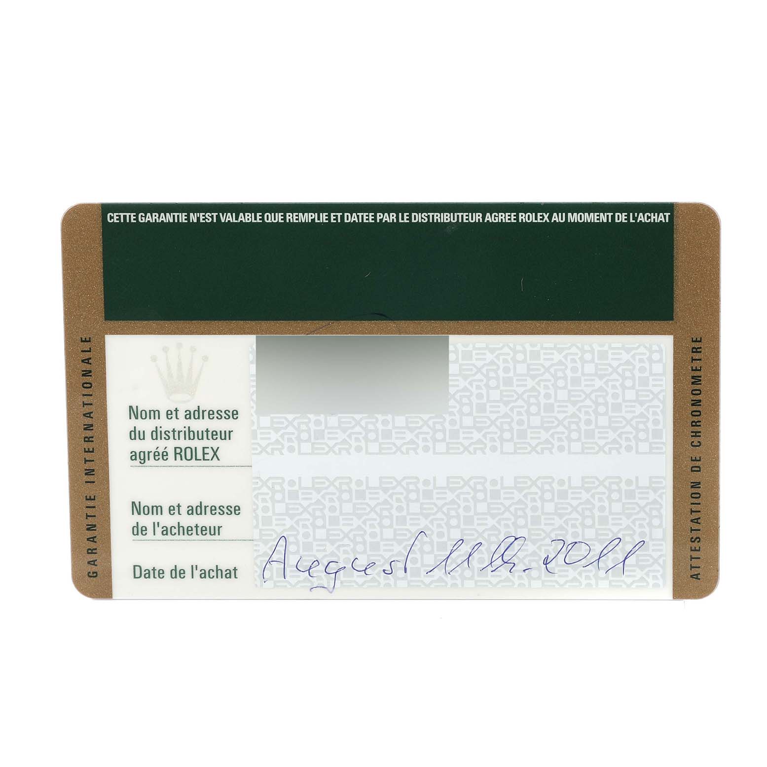 This is an angled shot of a Rolex Datejust 179384 Women's Stainless Steel White Dial 179384 Women's Stainless Steel White Dial model's warranty card showing purchase details.