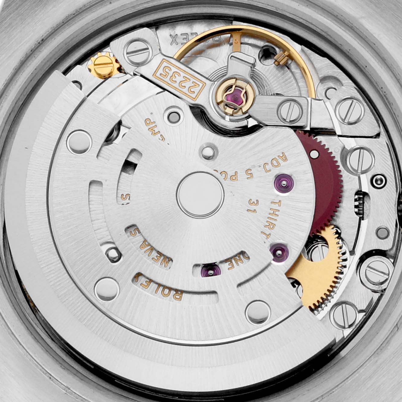 The image shows the intricate internal mechanical movement from the back of a Rolex Datejust 179384 Women's Stainless Steel White Dial 179384 Women's Stainless Steel White Dial watch.