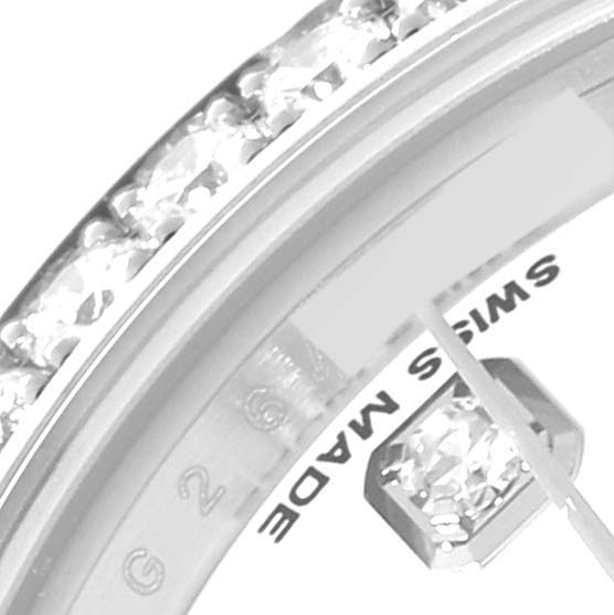 This close-up image features the diamond bezel and part of the dial, along with the "SWISS MADE" text of a Rolex Datejust 179384 Women's Stainless Steel White Dial 179384 Women's Stainless Steel White Dial watch.
