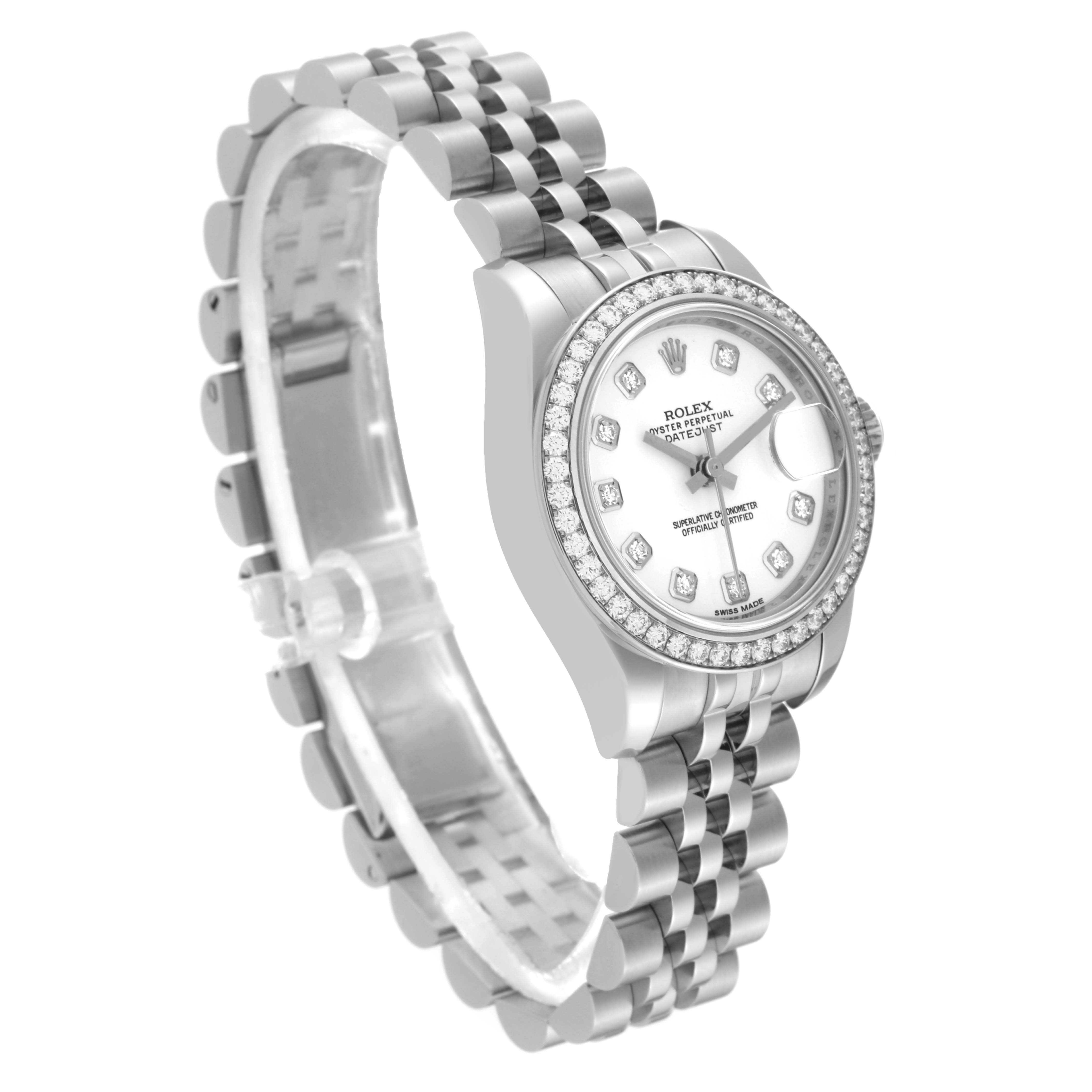 The image shows a Rolex Datejust 179384 Women's Stainless Steel White Dial 179384 Women's Stainless Steel White Dial watch at a slight angle displaying its face, bezel, bracelet, and clasp.