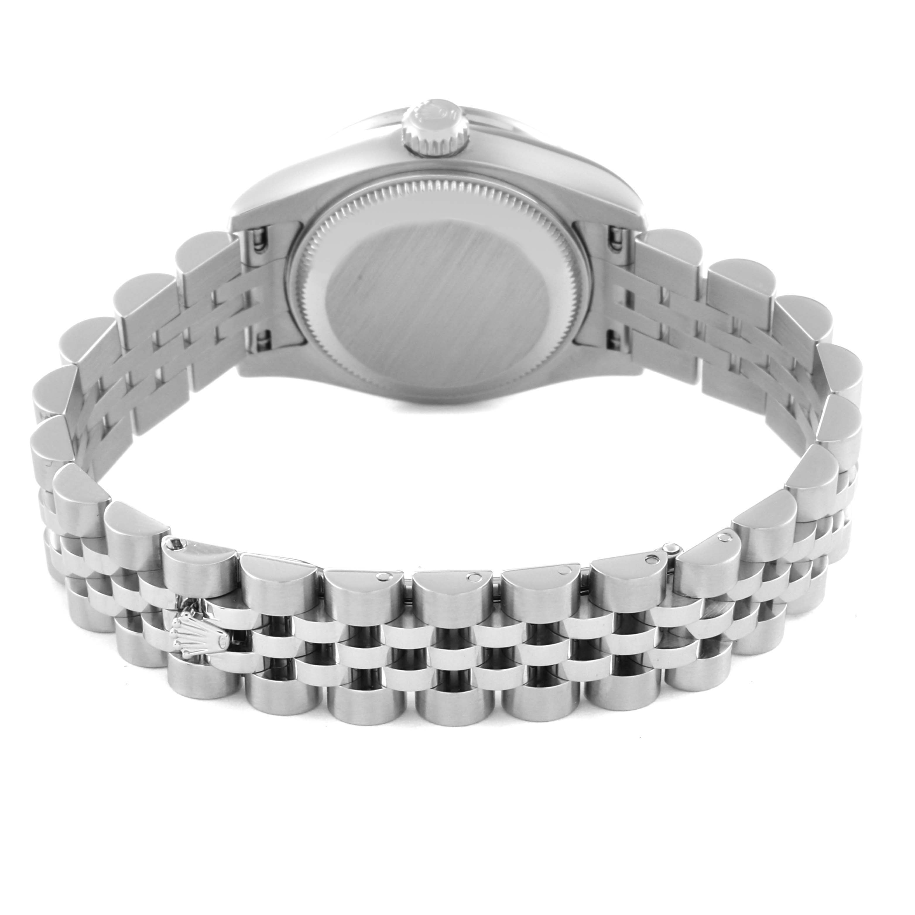 This image shows the back case and bracelet of a Rolex Datejust 179384 Women's Stainless Steel White Dial 179384 Women's Stainless Steel White Dial watch, viewed from the rear.