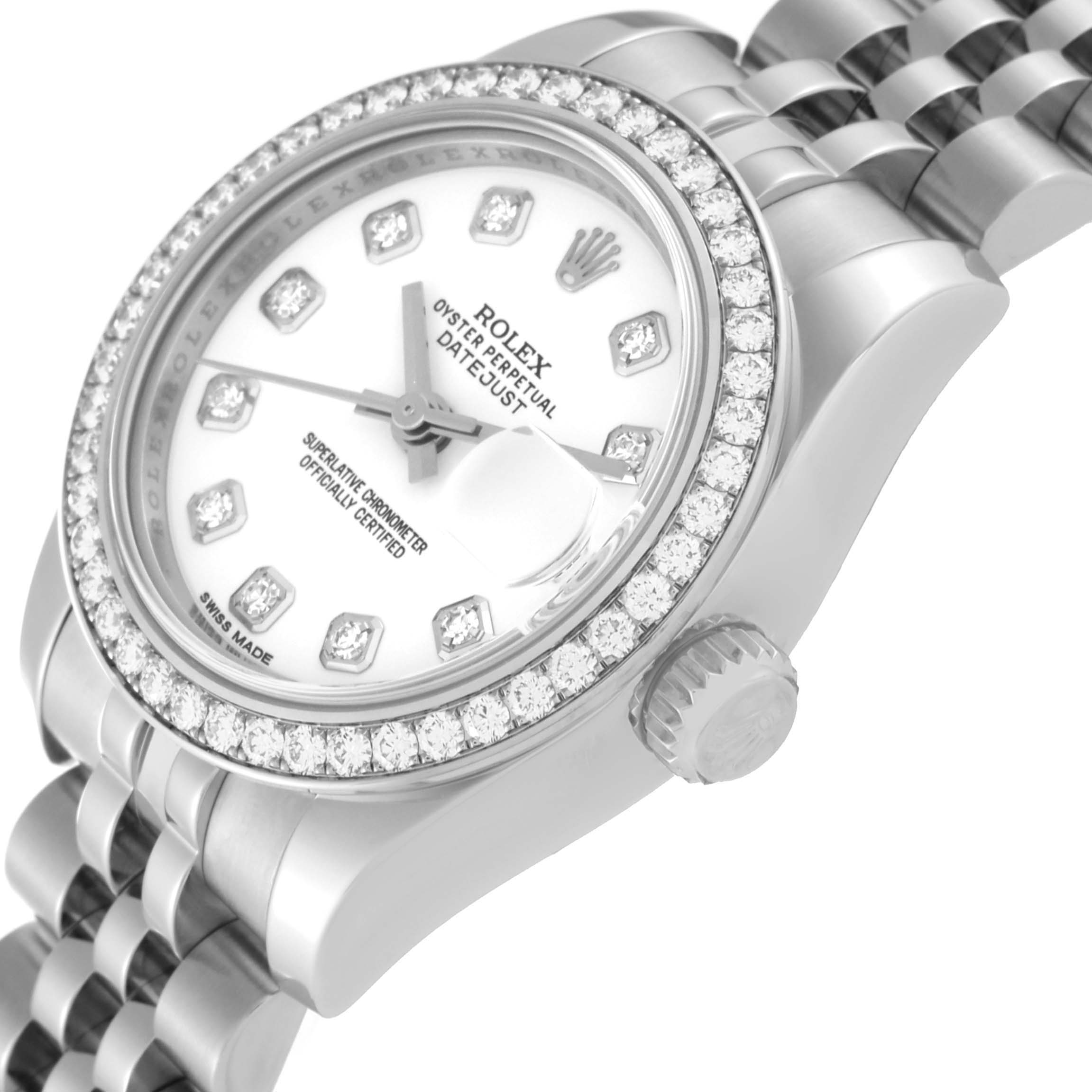 This image shows a Rolex Datejust 179384 Women's Stainless Steel White Dial 179384 Women's Stainless Steel White Dial watch at an angled close-up, highlighting the diamond bezel, dial, crown, and bracelet.