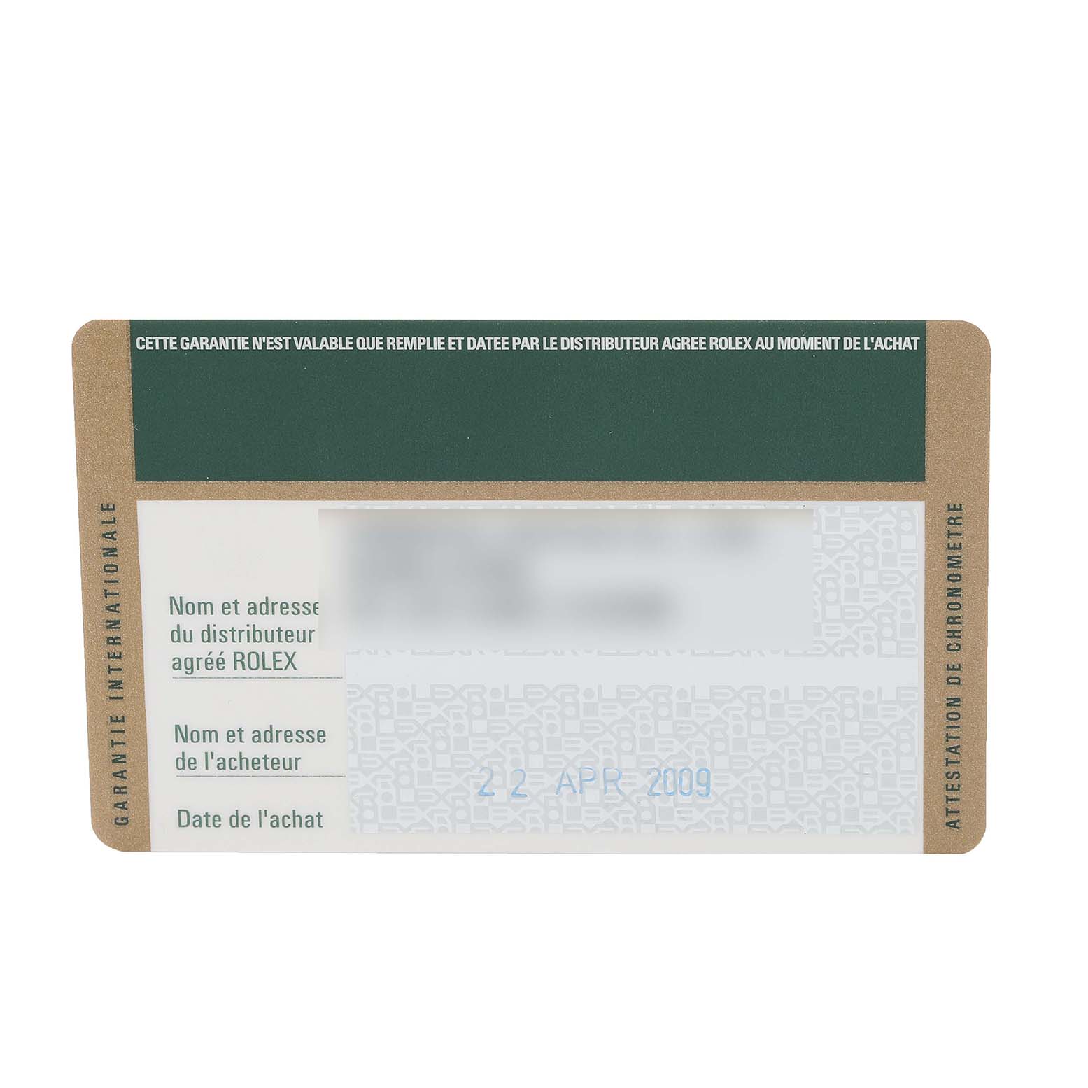 The image shows the warranty card for a Rolex Datejust 116200 Men's Stainless Steel Blue Dial 116200 Men's Stainless Steel Blue Dial watch.