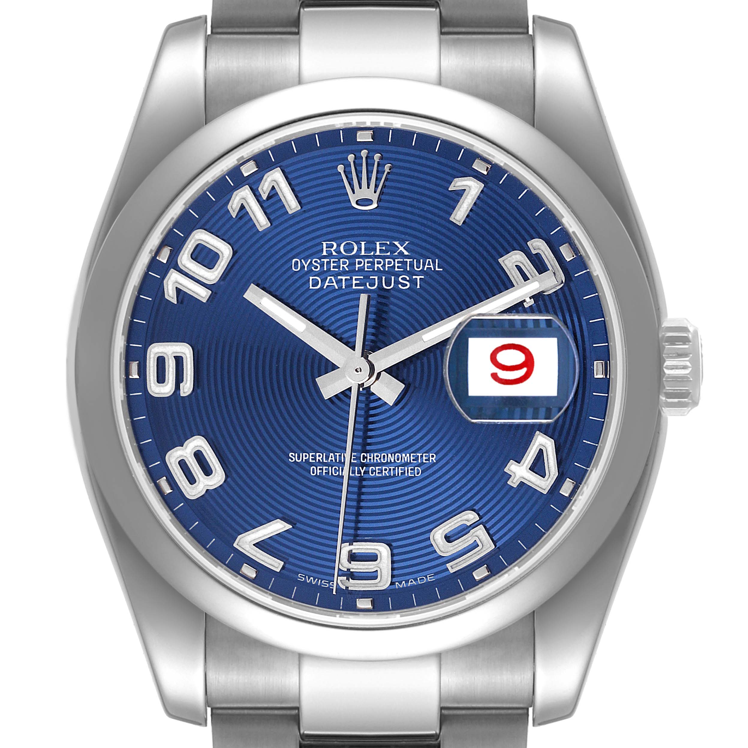 This image shows a front view of a Rolex Datejust 116200 Men's Stainless Steel Blue Dial 116200 Men's Stainless Steel Blue Dial watch, highlighting its blue dial, date window, and silver bracelet.