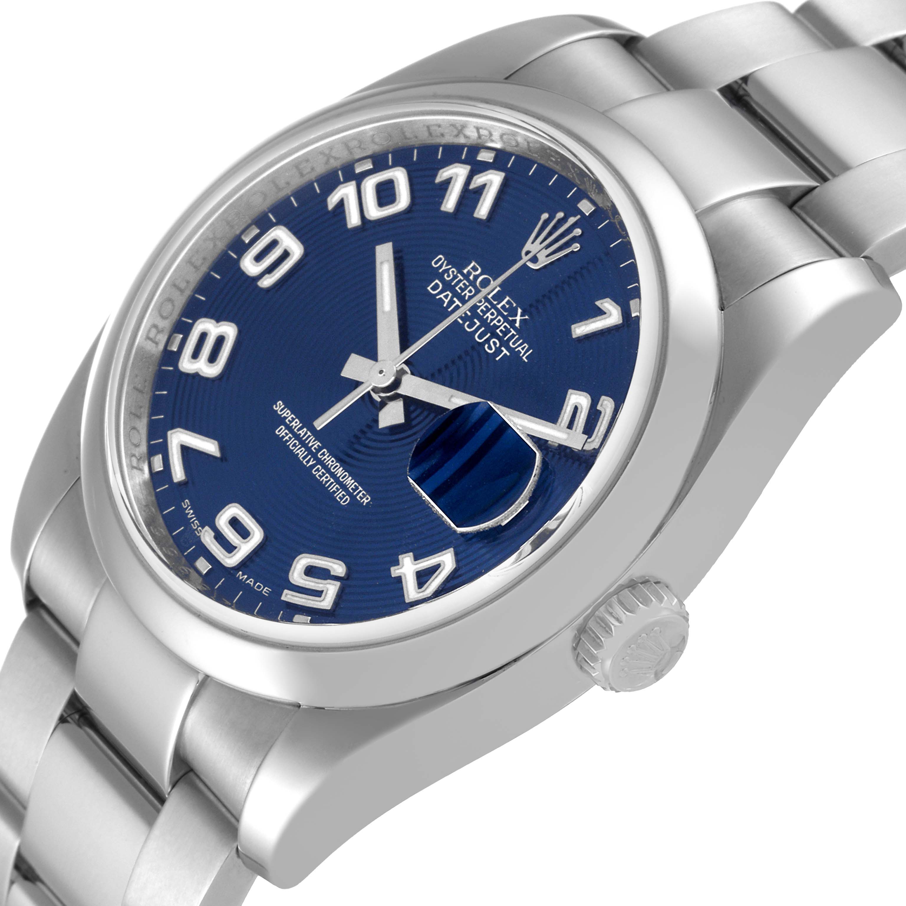 The image shows a Rolex Datejust 116200 Men's Stainless Steel Blue Dial 116200 Men's Stainless Steel Blue Dial watch at an angled view highlighting its blue dial, stainless steel case, and bracelet.