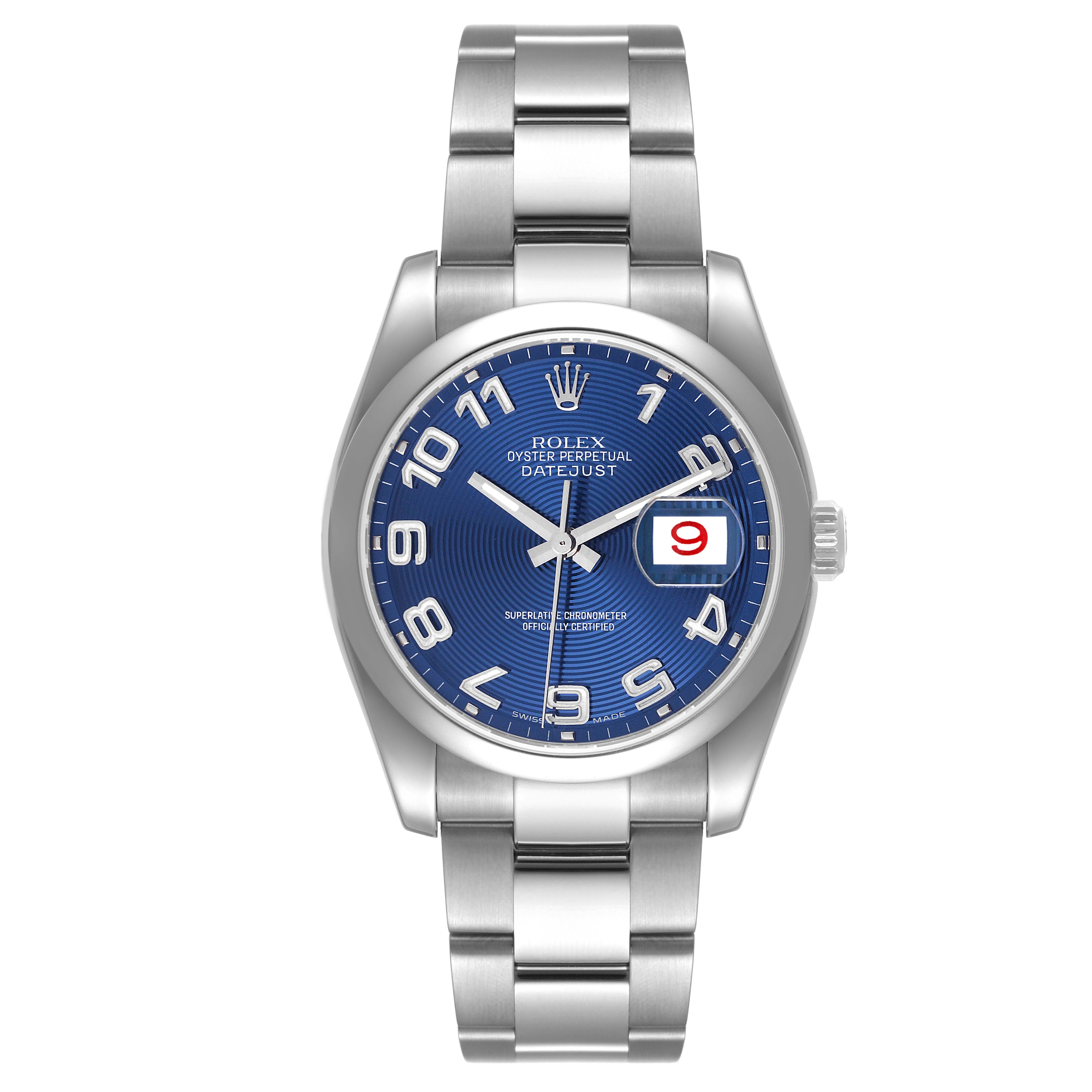 The Rolex Datejust 116200 Men's Stainless Steel Blue Dial 116200 Men's Stainless Steel Blue Dial watch is shown from a top-down angle, displaying its blue dial, date window, bracelet, and crown.