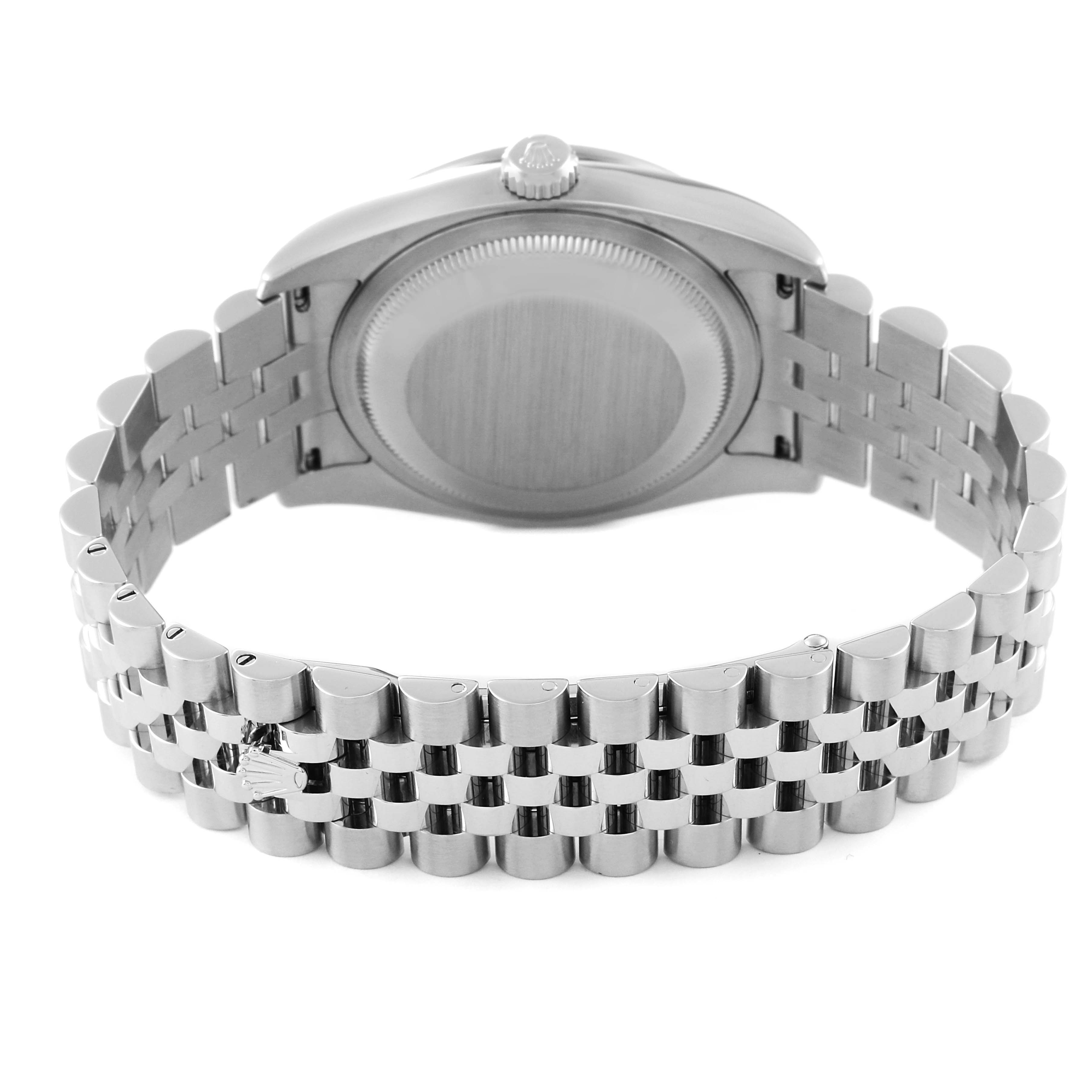 The image shows the back view of a Rolex Datejust 116244 Men's Stainless Steel Silver Dial 116244 Men's Stainless Steel Silver Dial watch, highlighting the caseback and the Jubilee bracelet.