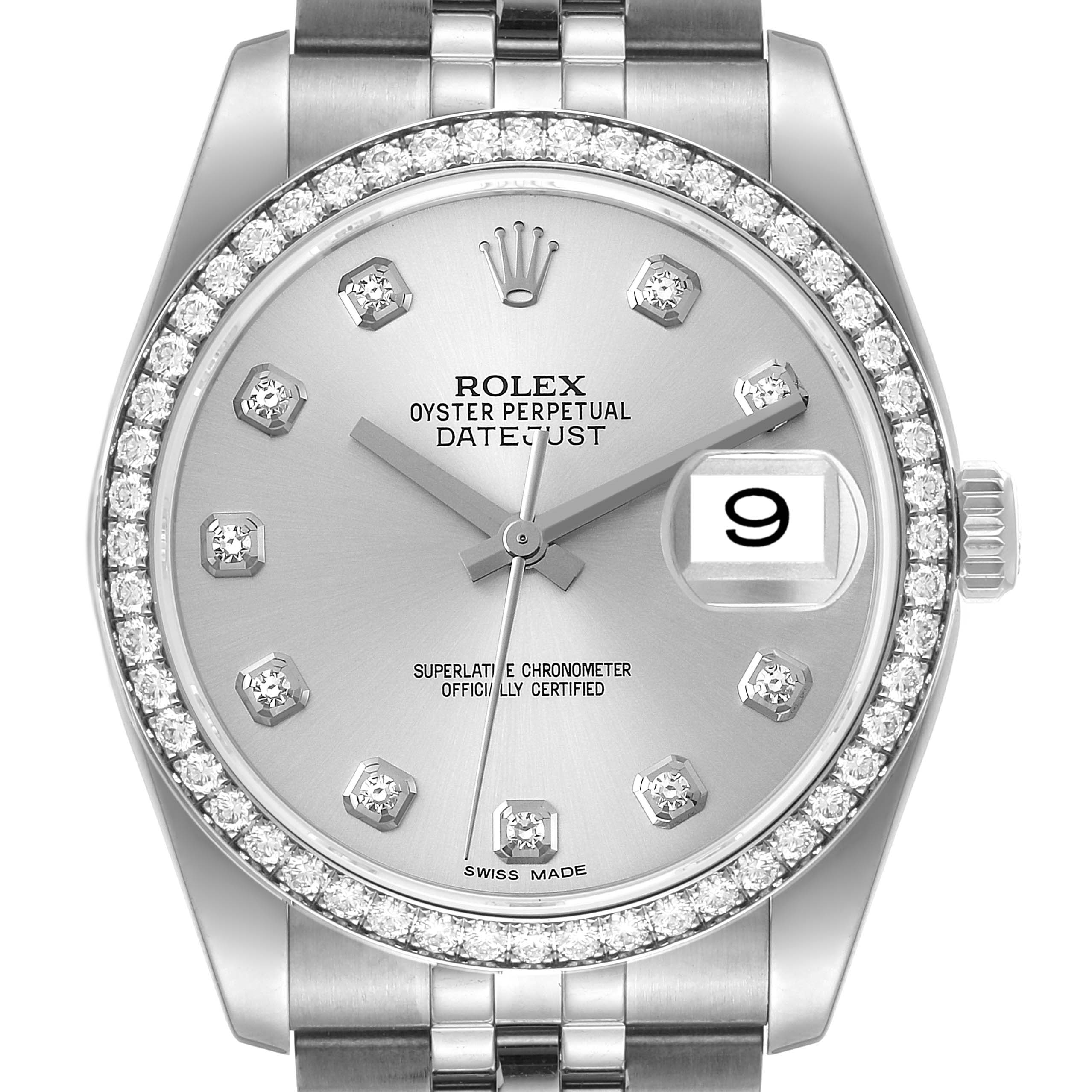 This image shows a front view of a Rolex Datejust 116244 Men's Stainless Steel Silver Dial 116244 Men's Stainless Steel Silver Dial watch, highlighting the dial, bezel, crown, and part of the bracelet.