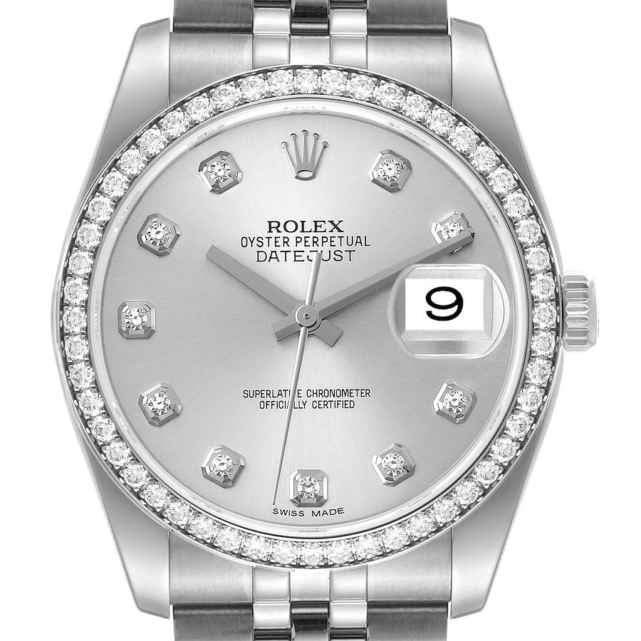Rolex Datejust 36 Silver Diamond Dial Bezel Unisex Watch 116244 SwissWatchExpo