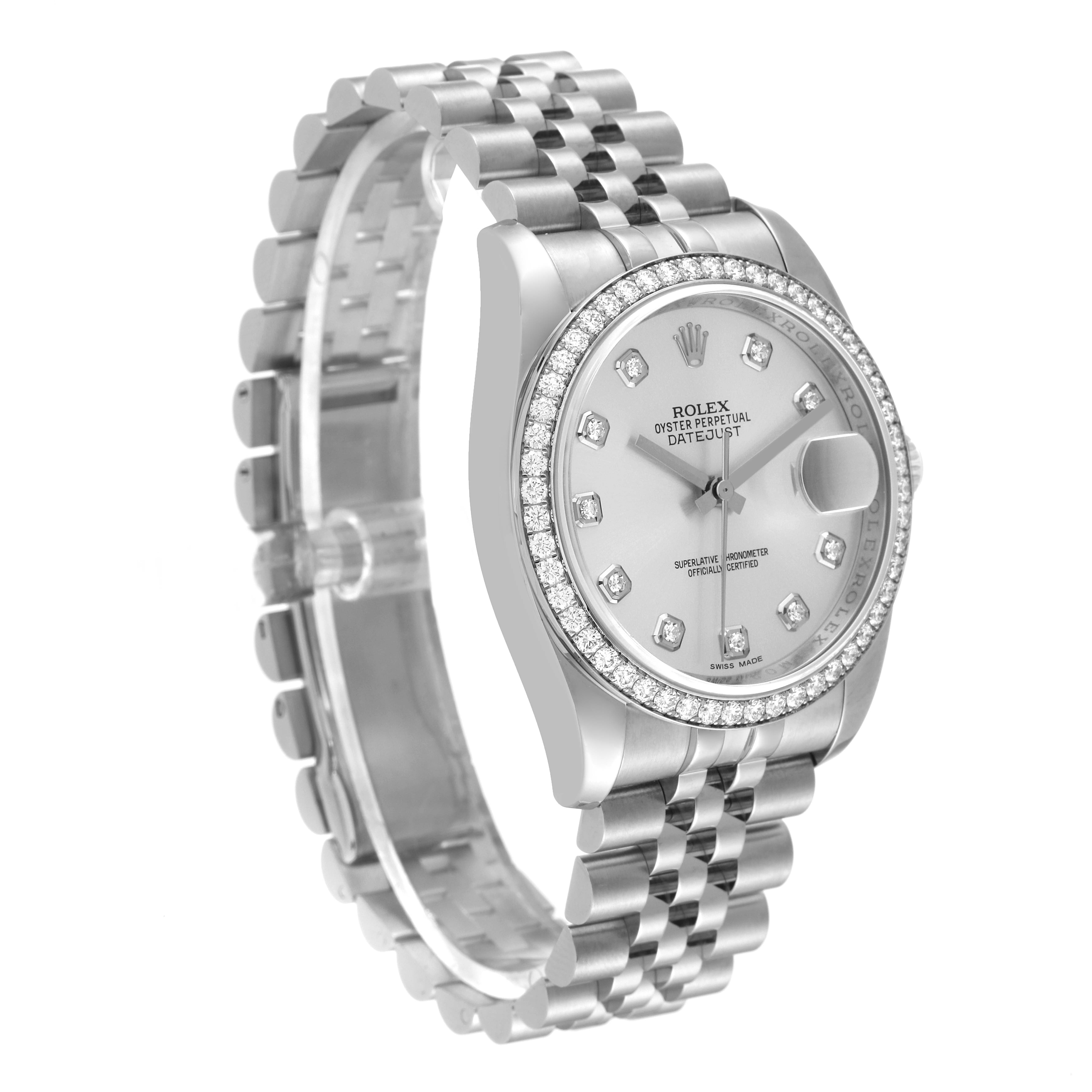 The Rolex Datejust 116244 Men's Stainless Steel Silver Dial 116244 Men's Stainless Steel Silver Dial watch is shown at a three-quarter angle, displaying the face, bezel, and bracelet.