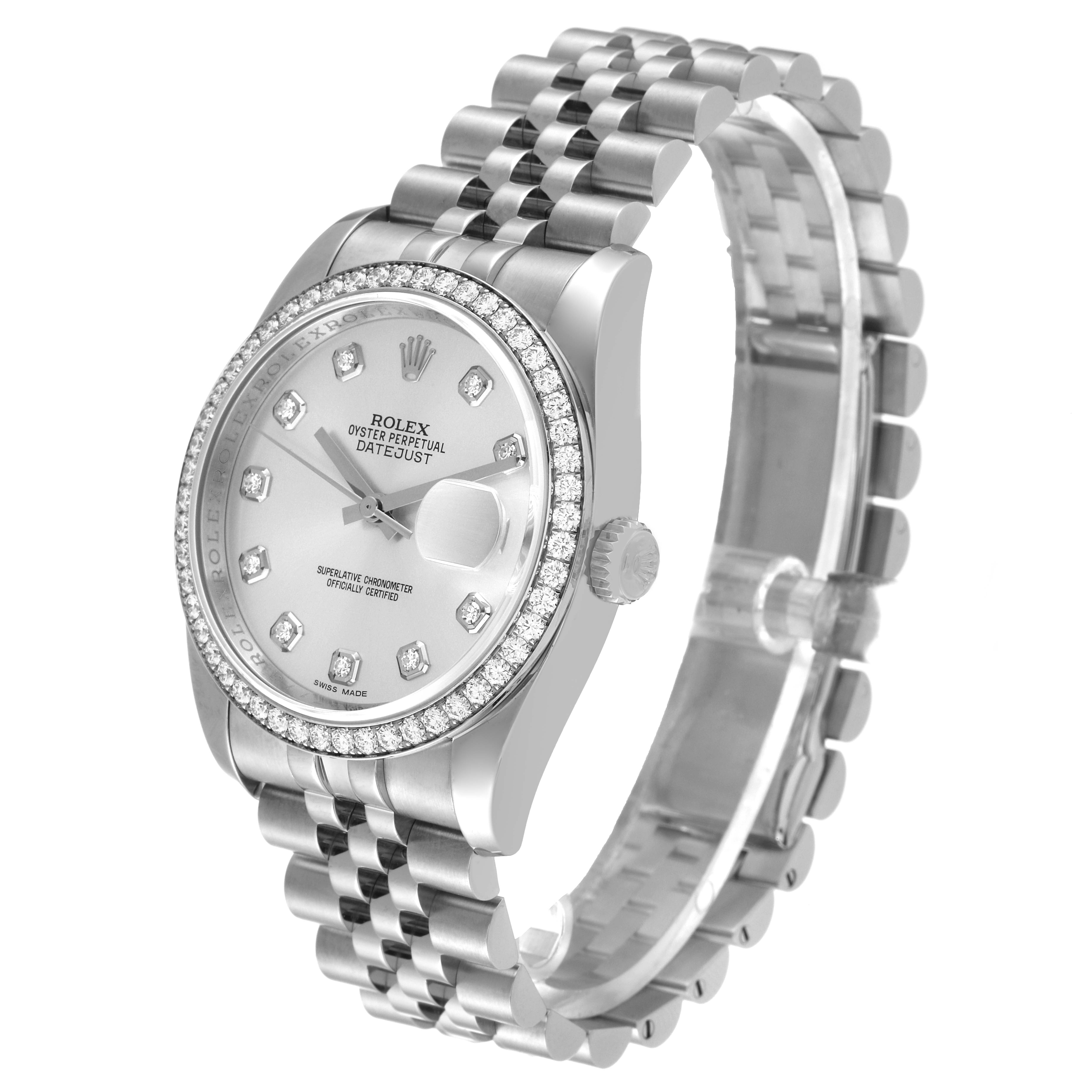 This Rolex Datejust 116244 Men's Stainless Steel Silver Dial 116244 Men's Stainless Steel Silver Dial watch is shown at an angled view, revealing the face, bezel, crown, and bracelet clearly.