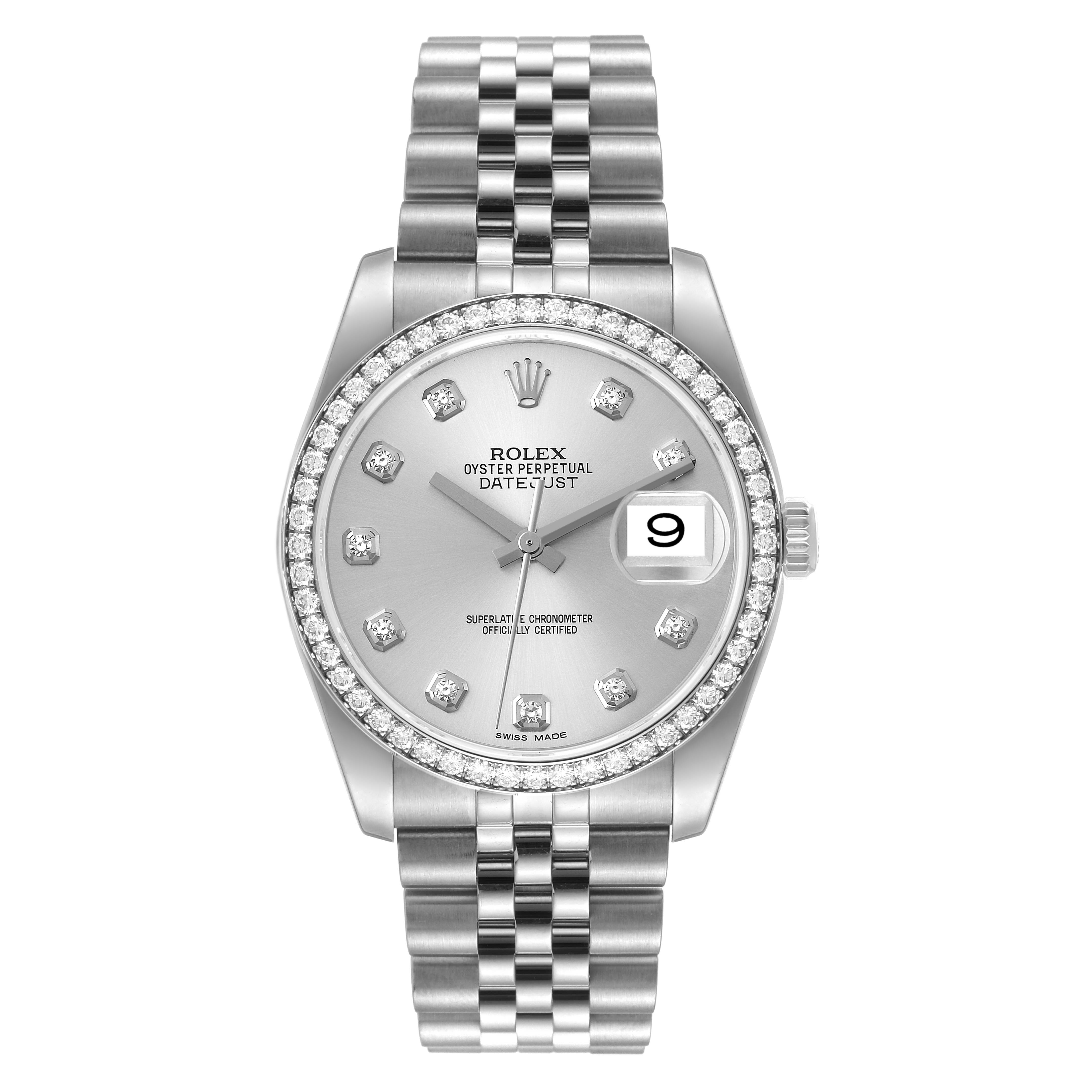The image shows a front view of a Rolex Datejust 116244 Men's Stainless Steel Silver Dial 116244 Men's Stainless Steel Silver Dial watch, highlighting the dial, bezel, hands, and bracelet.