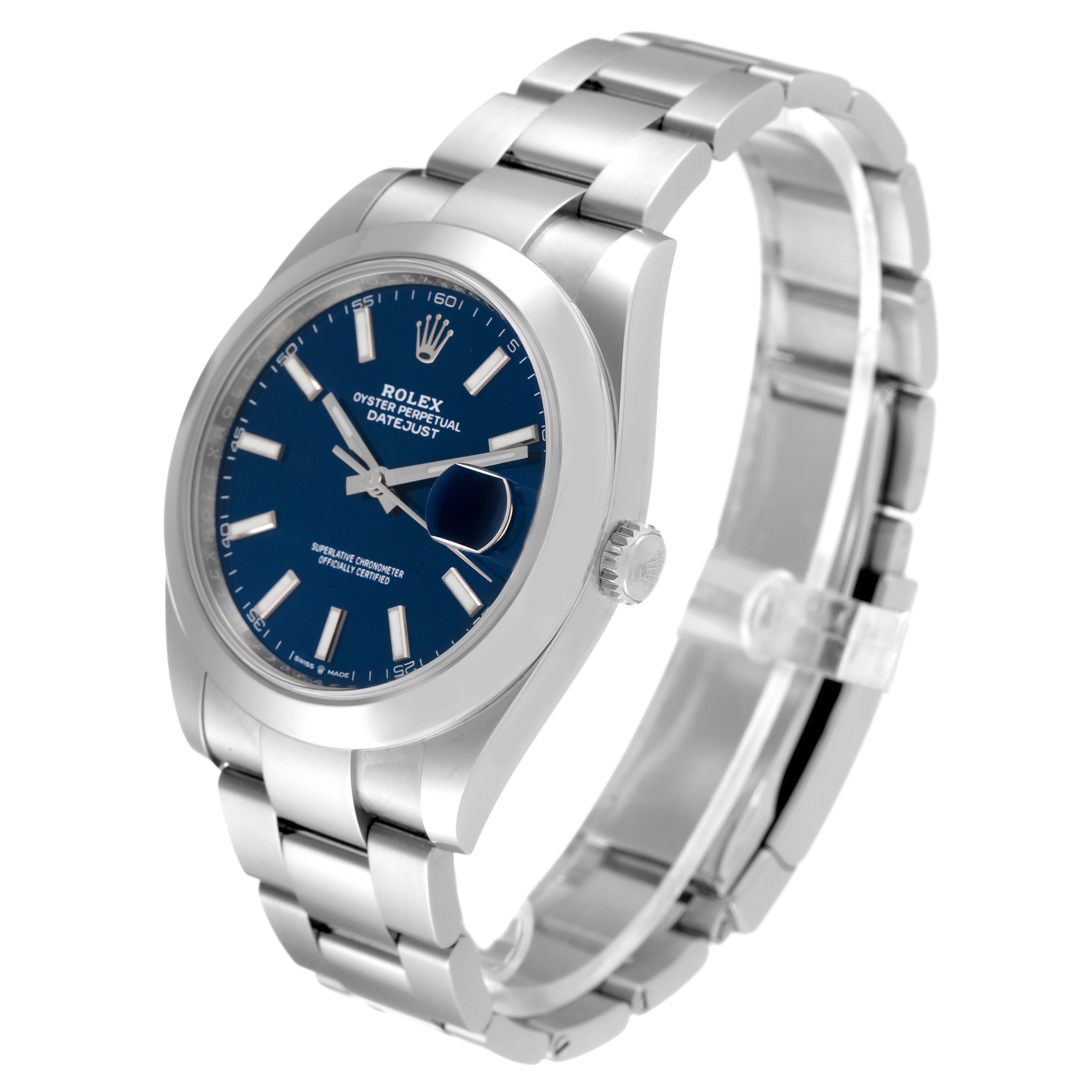 The image shows a Rolex Datejust 41 126300 Men
s Stainless Steel Blue Dial 126300 Men
s Stainless Steel Blue Dial watch at a three-quarter angle, emphasizing the blue dial, stainless steel case, and bracelet.