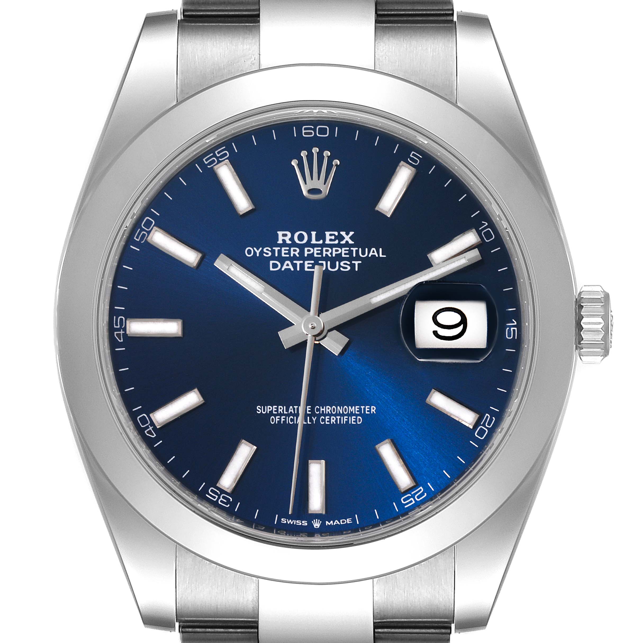 The image shows a front view of the Rolex Datejust 41 126300 Men
s Stainless Steel Blue Dial 126300 Men
s Stainless Steel Blue Dial model, highlighting its blue dial and date window.