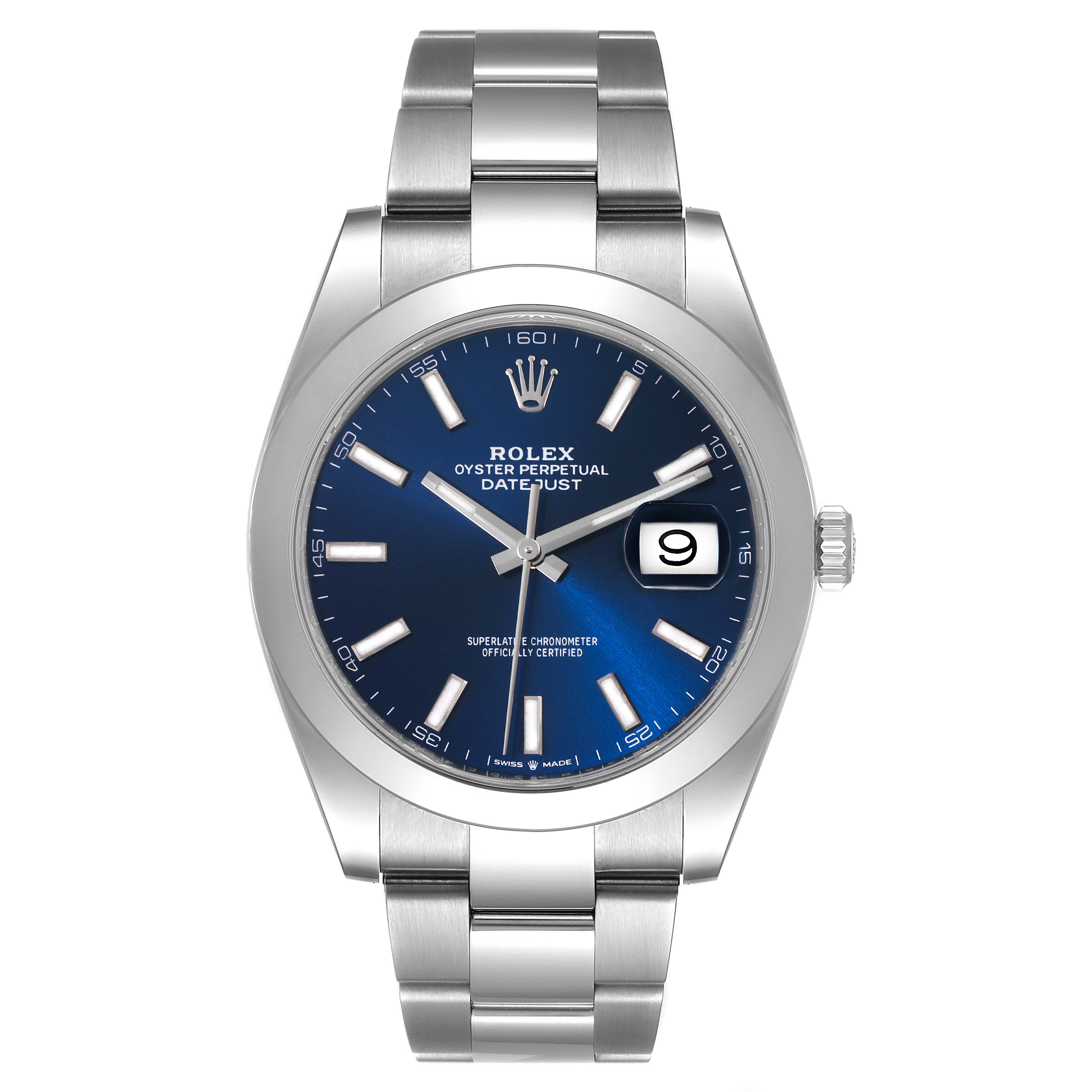The image shows a front view of the Rolex Datejust 41 126300 Men
s Stainless Steel Blue Dial 126300 Men
s Stainless Steel Blue Dial watch featuring a blue dial, silver hour markers, and a stainless steel bracelet.
