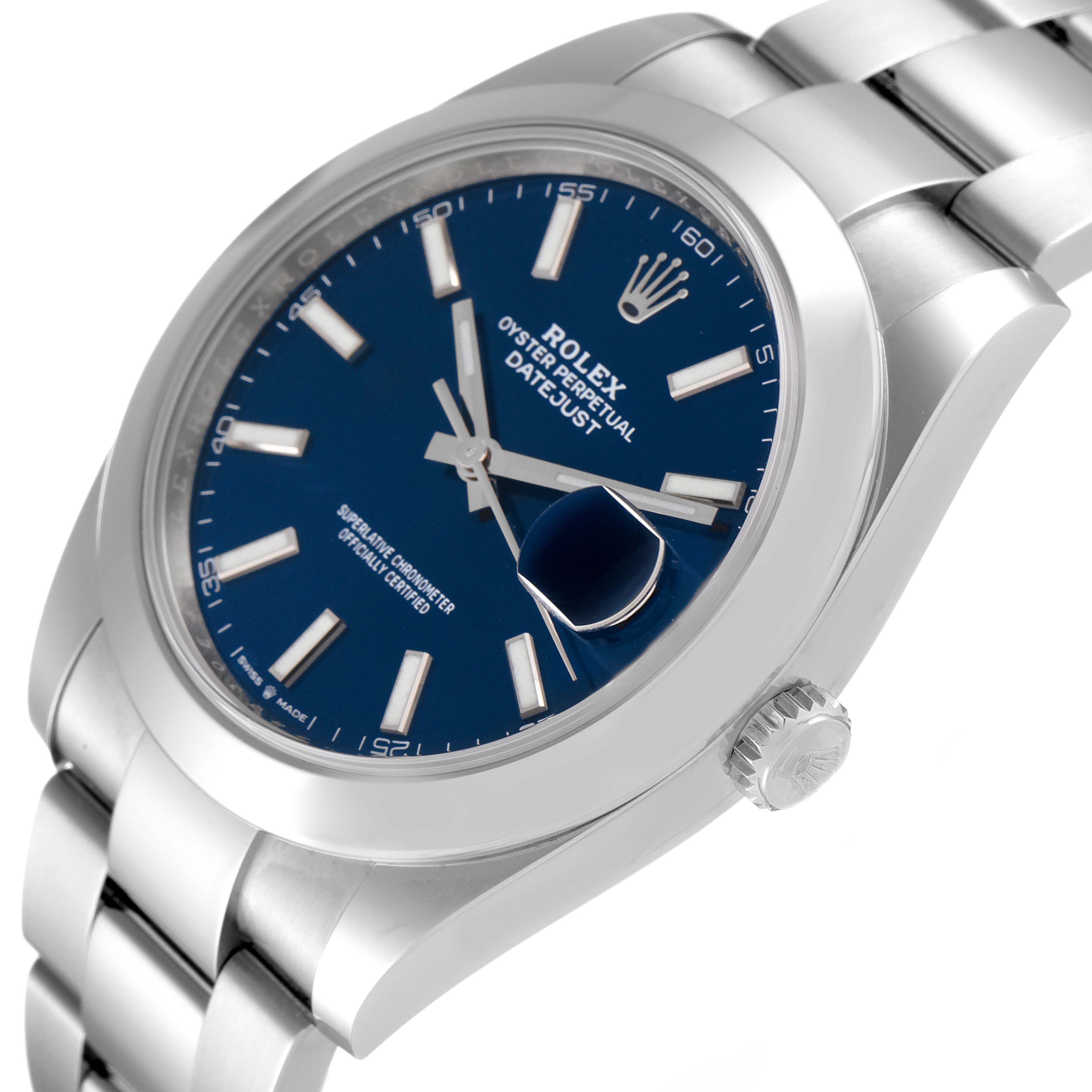 The image shows a close-up, angled view of the Rolex Datejust 41 126300 Men
s Stainless Steel Blue Dial 126300 Men
s Stainless Steel Blue Dial watch, highlighting its blue dial, date window, and bracelet.