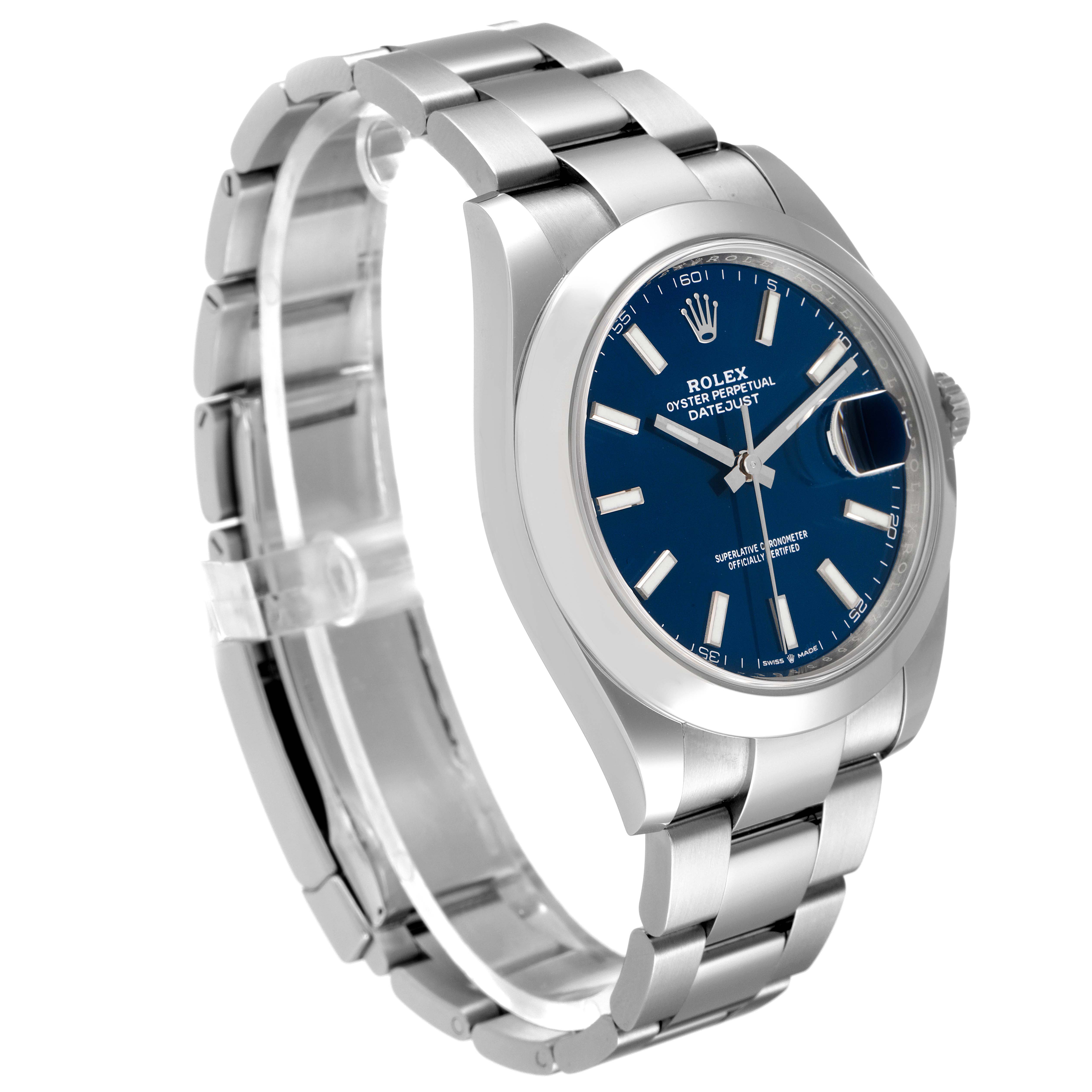 The Rolex Datejust 41 126300 Men
s Stainless Steel Blue Dial 126300 Men
s Stainless Steel Blue Dial is shown at a slight angle from the front, displaying the dial, bezel, crown, and part of the bracelet.