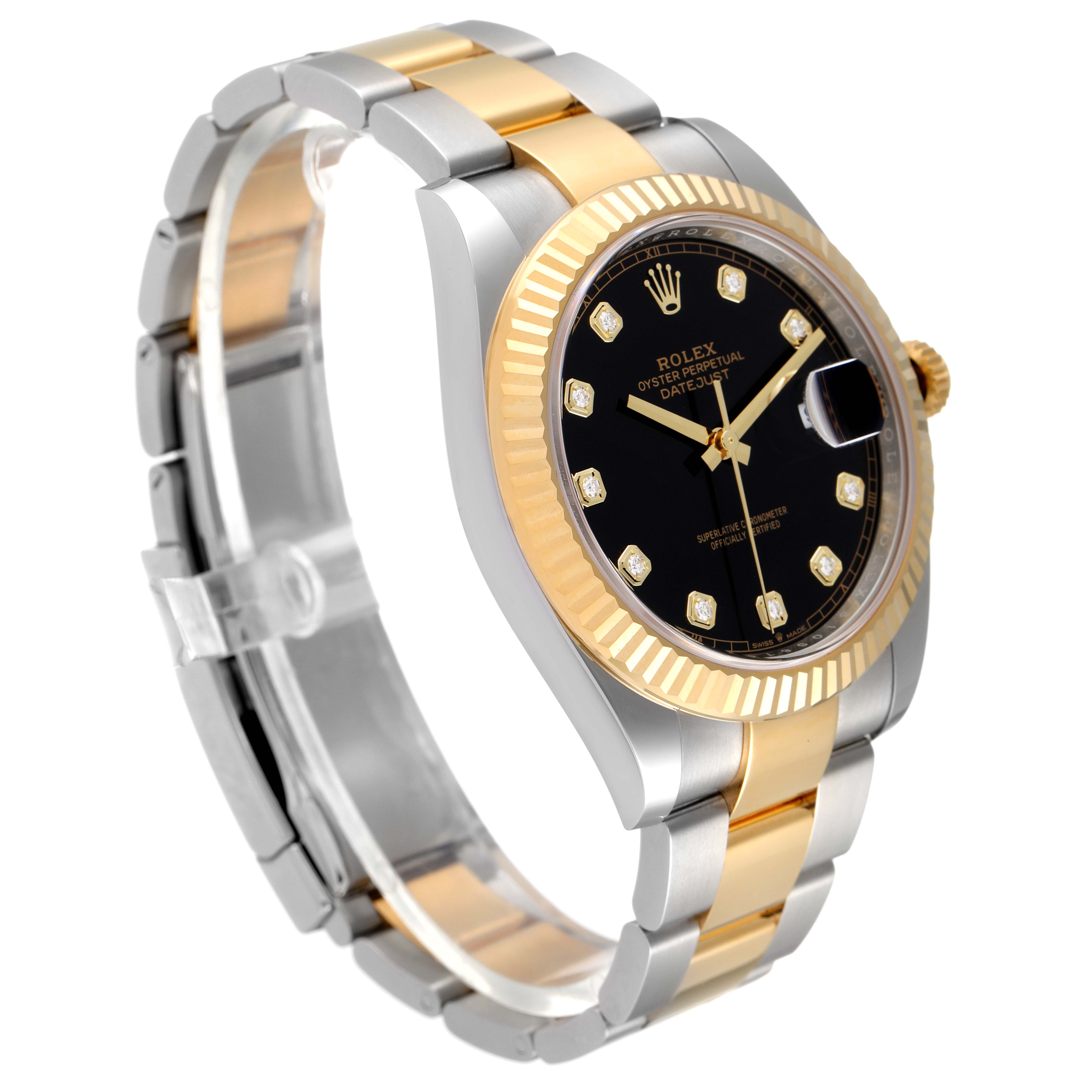 The image shows a Rolex Datejust 41 126333 Men's Steel and Gold (two tone) Black Dial 126333 Men's Steel and Gold (two tone) Black Dial model watch from a side angle, highlighting its band, bezel, and dial.