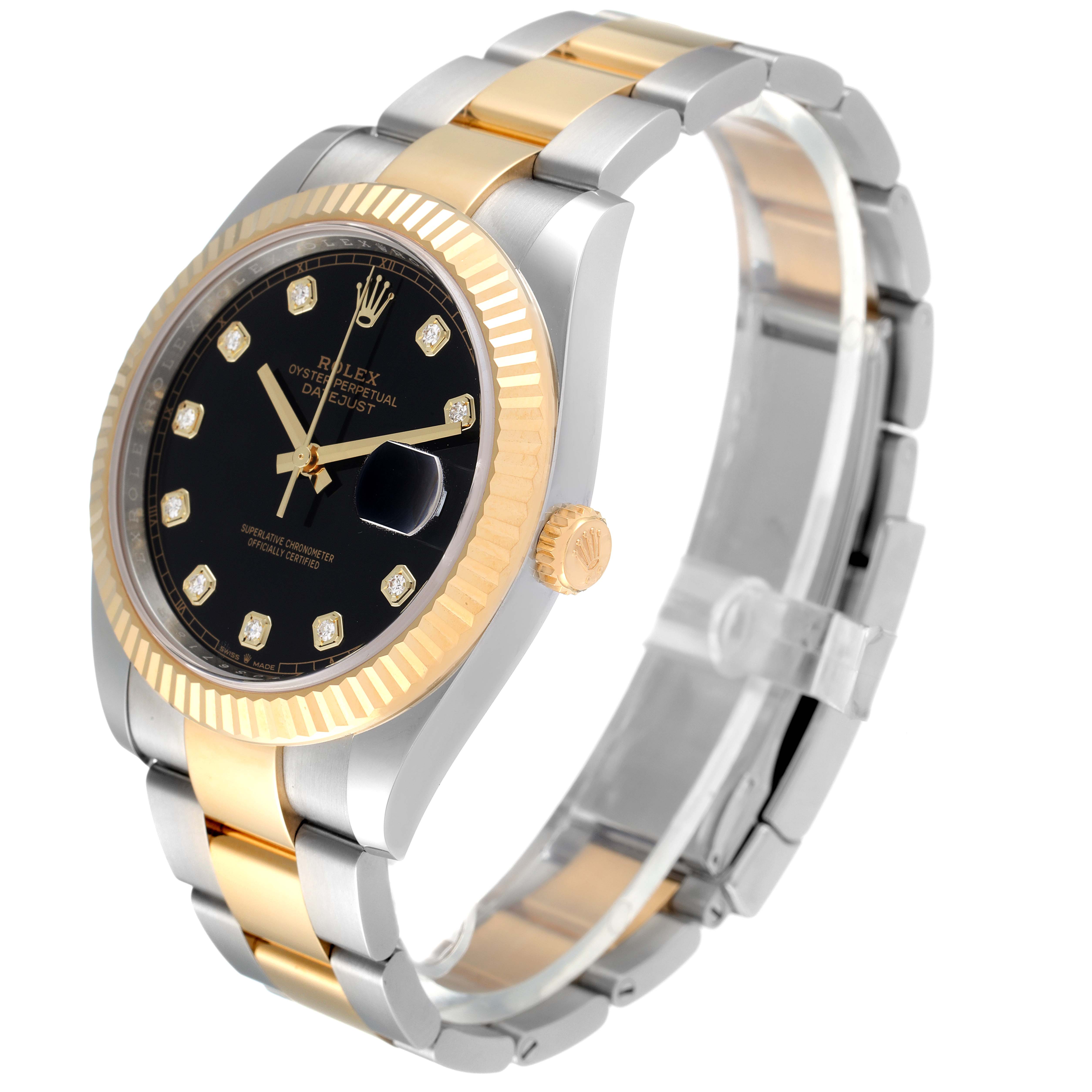 The Rolex Datejust 41 126333 Men's Steel and Gold (two tone) Black Dial 126333 Men's Steel and Gold (two tone) Black Dial model is shown at an angle highlighting the face, two-tone bracelet, and crown.