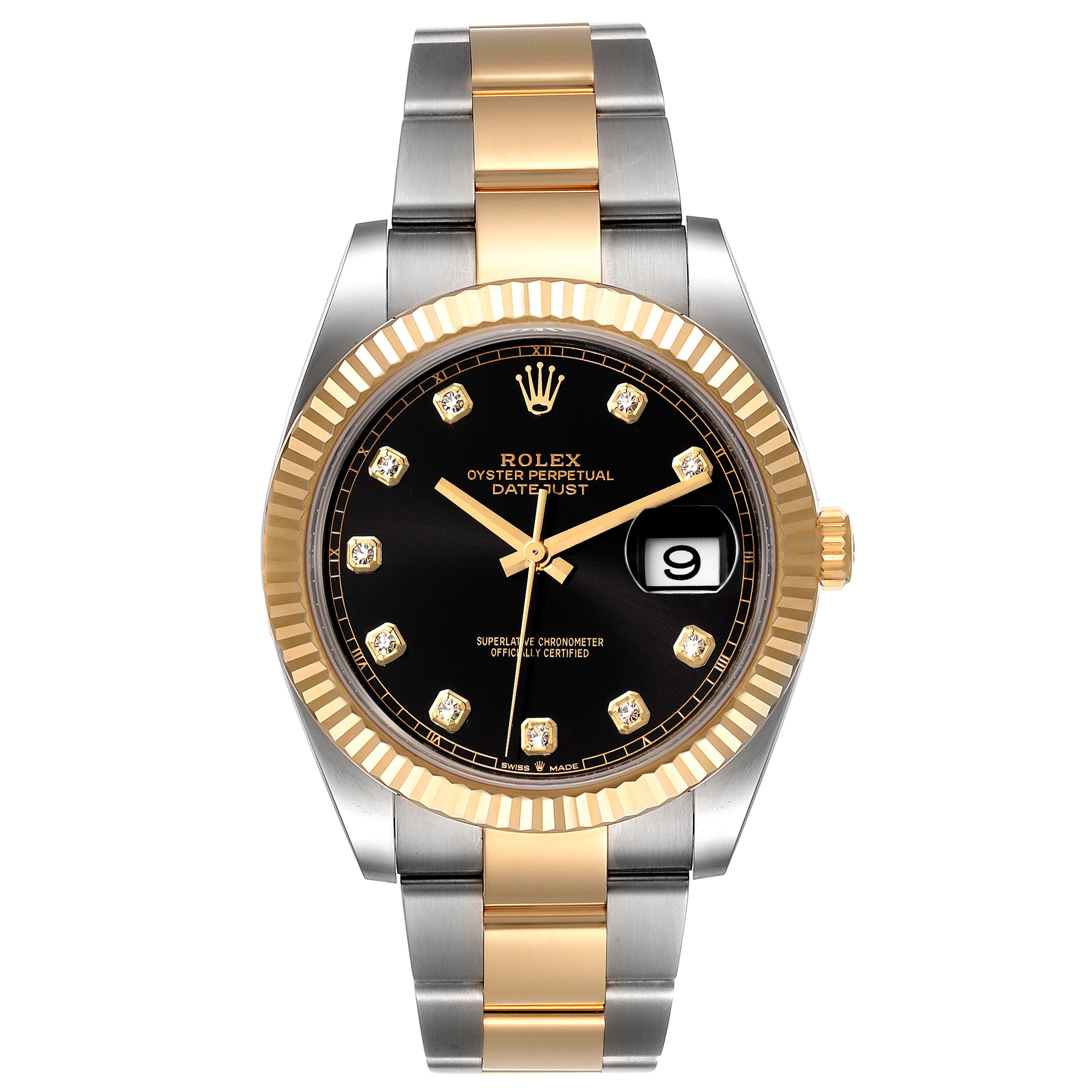 The image depicts a Rolex Datejust 41 126333 Men's Steel and Gold (two tone) Black Dial 126333 Men's Steel and Gold (two tone) Black Dial watch from a front angle, showing the black dial, date window, and two-tone bracelet.