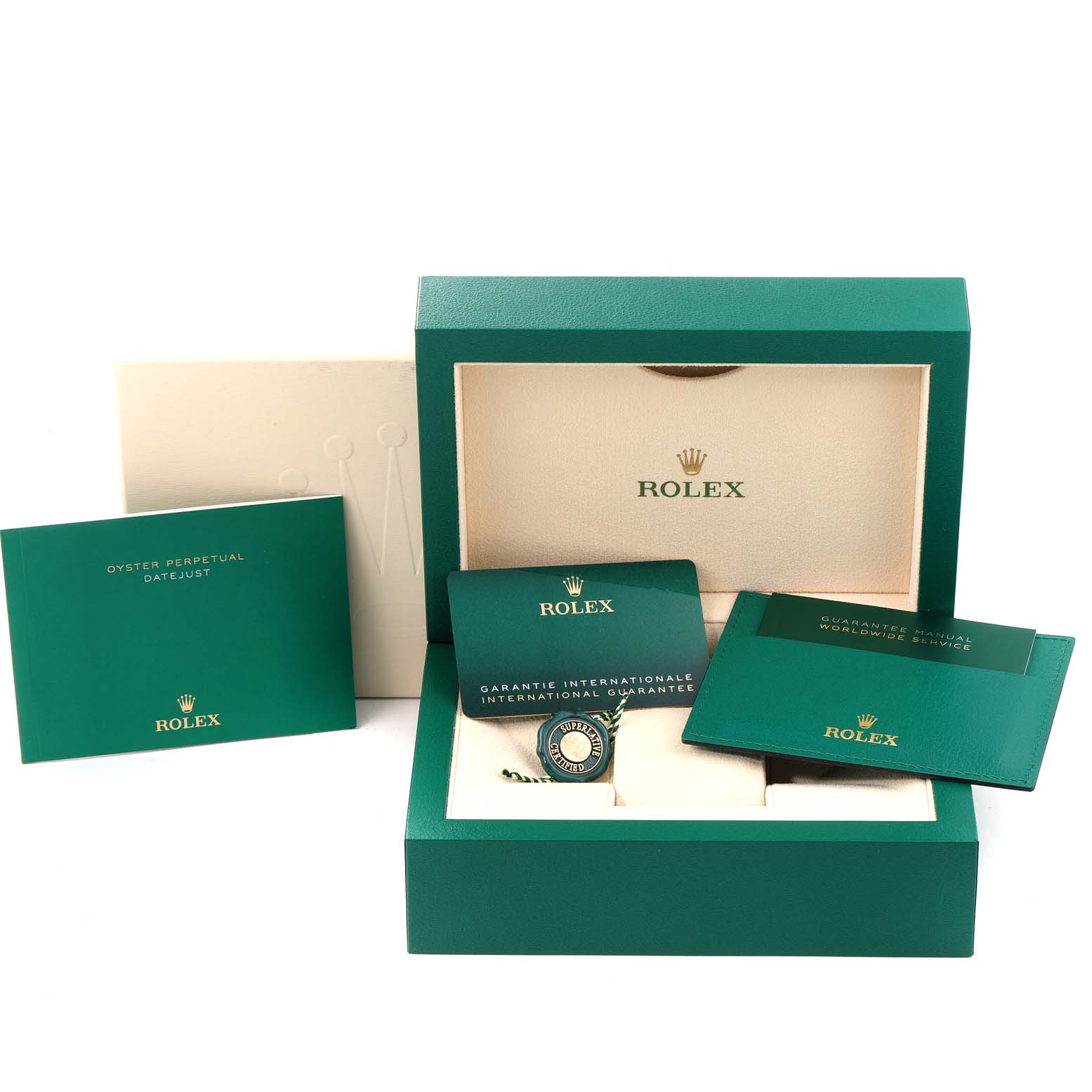 This image shows the accessories and packaging of a Rolex Datejust 41 126333 Men's Steel and Gold (two tone) Black Dial 126333 Men's Steel and Gold (two tone) Black Dial model, including the box, international guarantee card, and booklets.