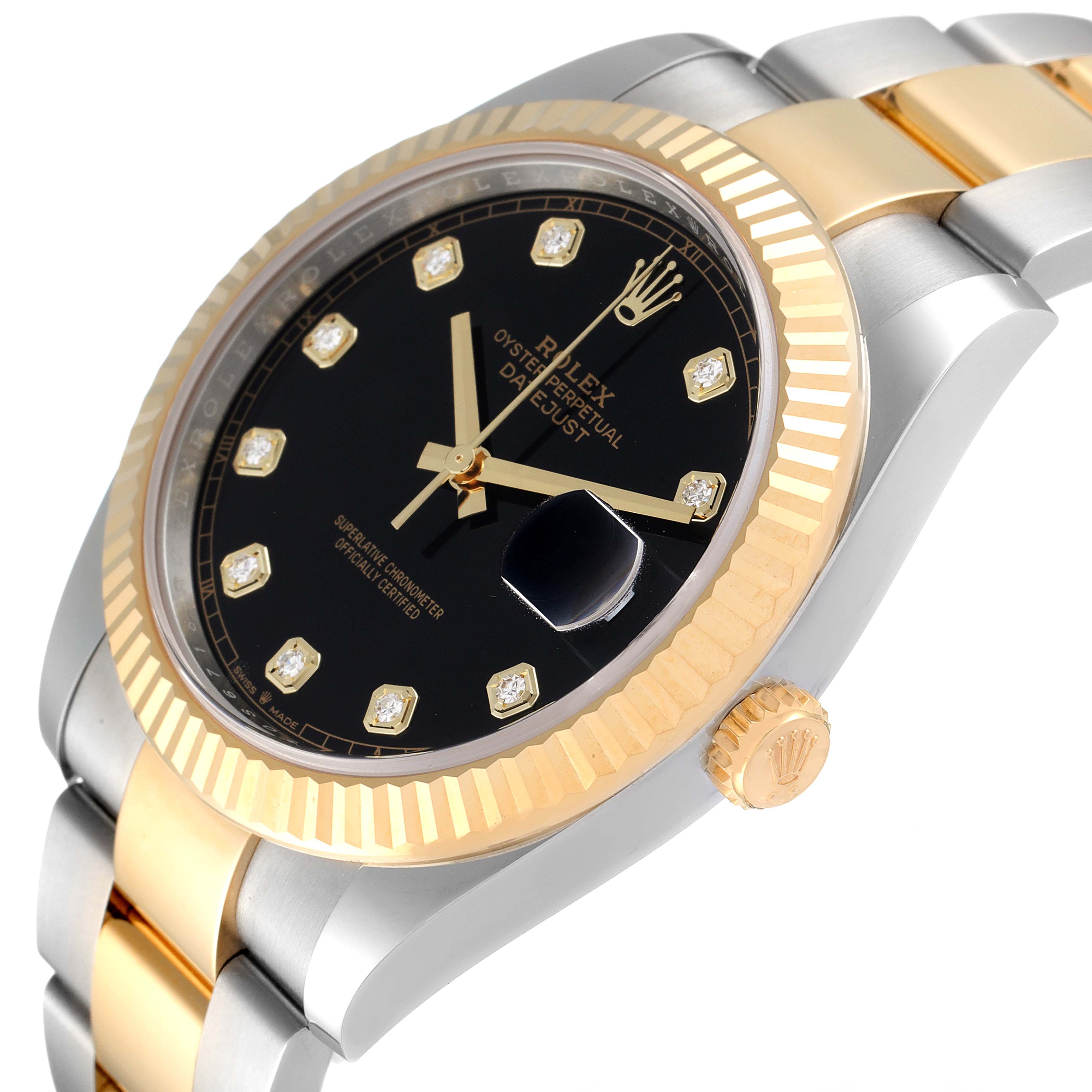This image shows a close-up of the Rolex Datejust 41 126333 Men's Steel and Gold (two tone) Black Dial 126333 Men's Steel and Gold (two tone) Black Dial, highlighting the black dial, fluted bezel, and two-tone bracelet.