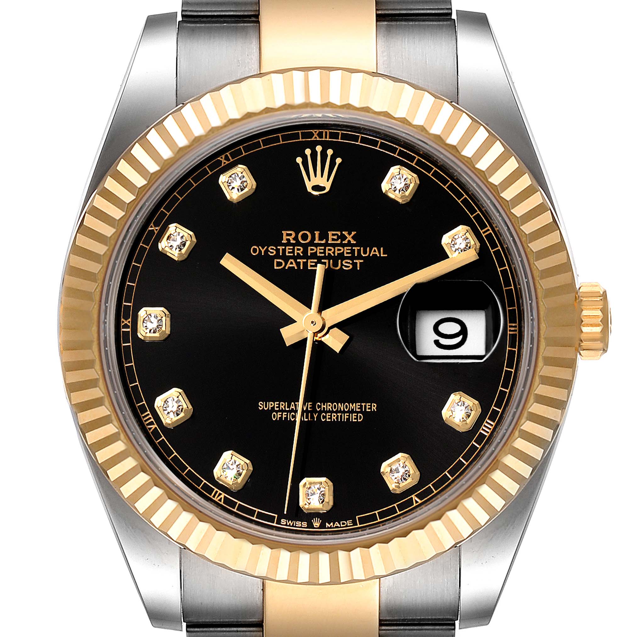 Front view of a Rolex Datejust 41 126333 Men's Steel and Gold (two tone) Black Dial 126333 Men's Steel and Gold (two tone) Black Dial watch displaying the dial, fluted bezel, hour markers, and date aperture.