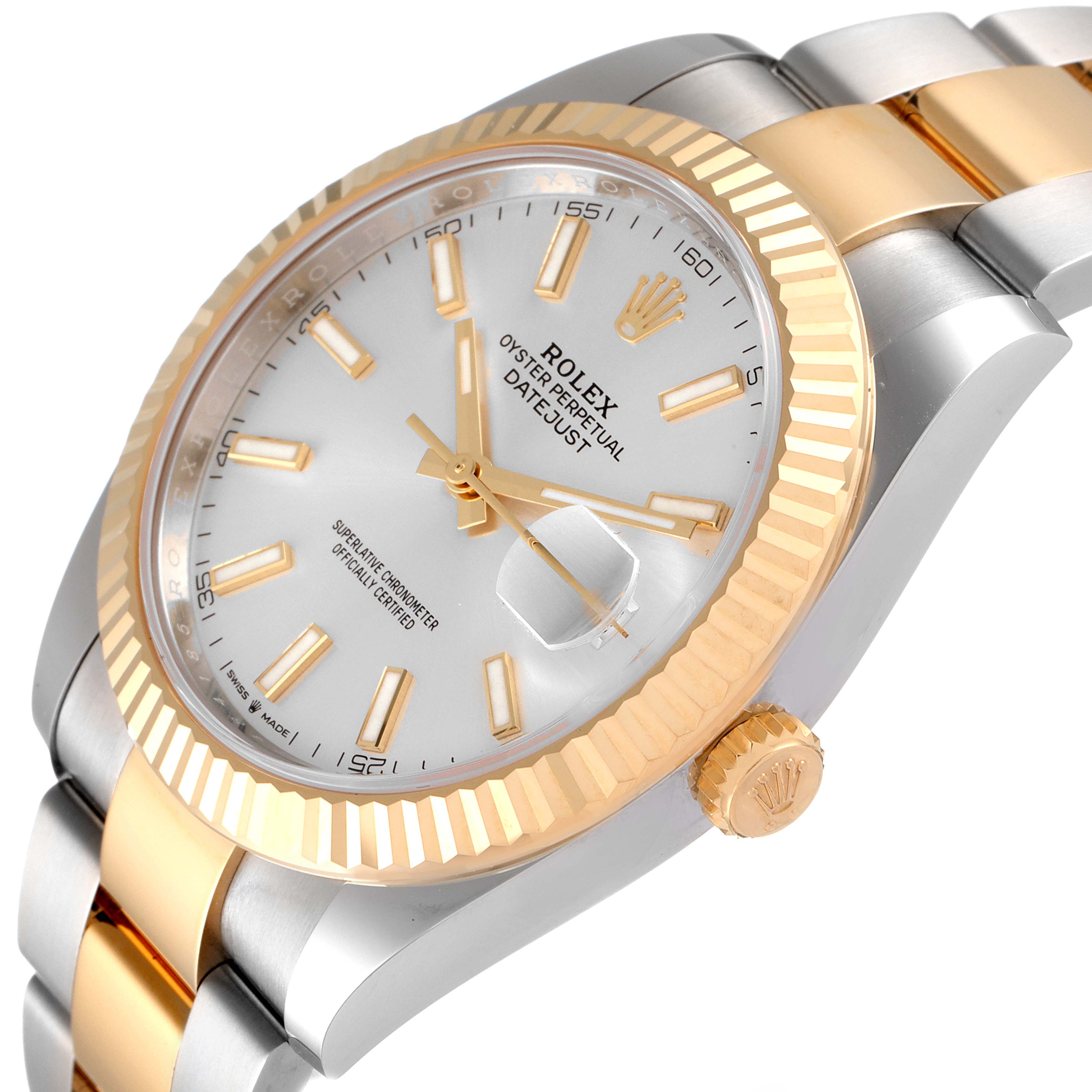 The Rolex Datejust 41 126333 Men
s Steel and Gold (two tone) Silver Dial 126333 Men
s Steel and Gold (two tone) Silver Dial watch is shown from an angled close-up, highlighting the dial, bezel, and part of the bracelet.