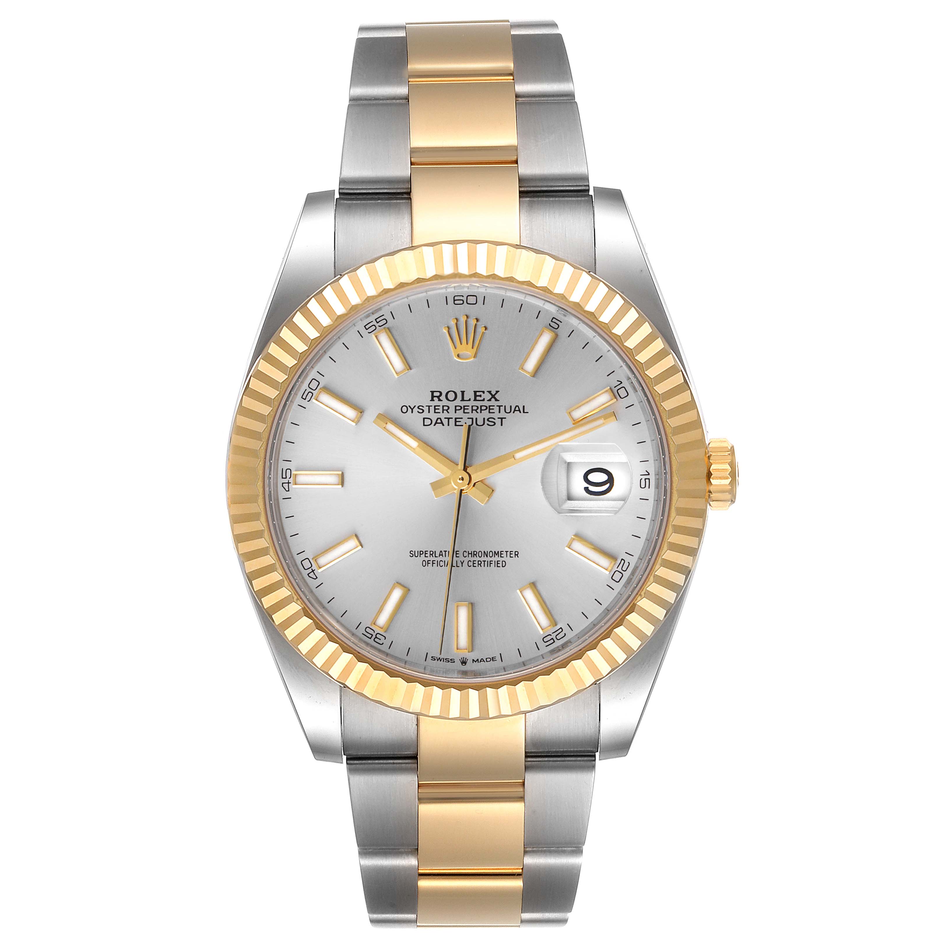 The image shows a front view of the Rolex Datejust 41 126333 Men
s Steel and Gold (two tone) Silver Dial 126333 Men
s Steel and Gold (two tone) Silver Dial with a silver dial, gold fluted bezel, and two-tone bracelet.