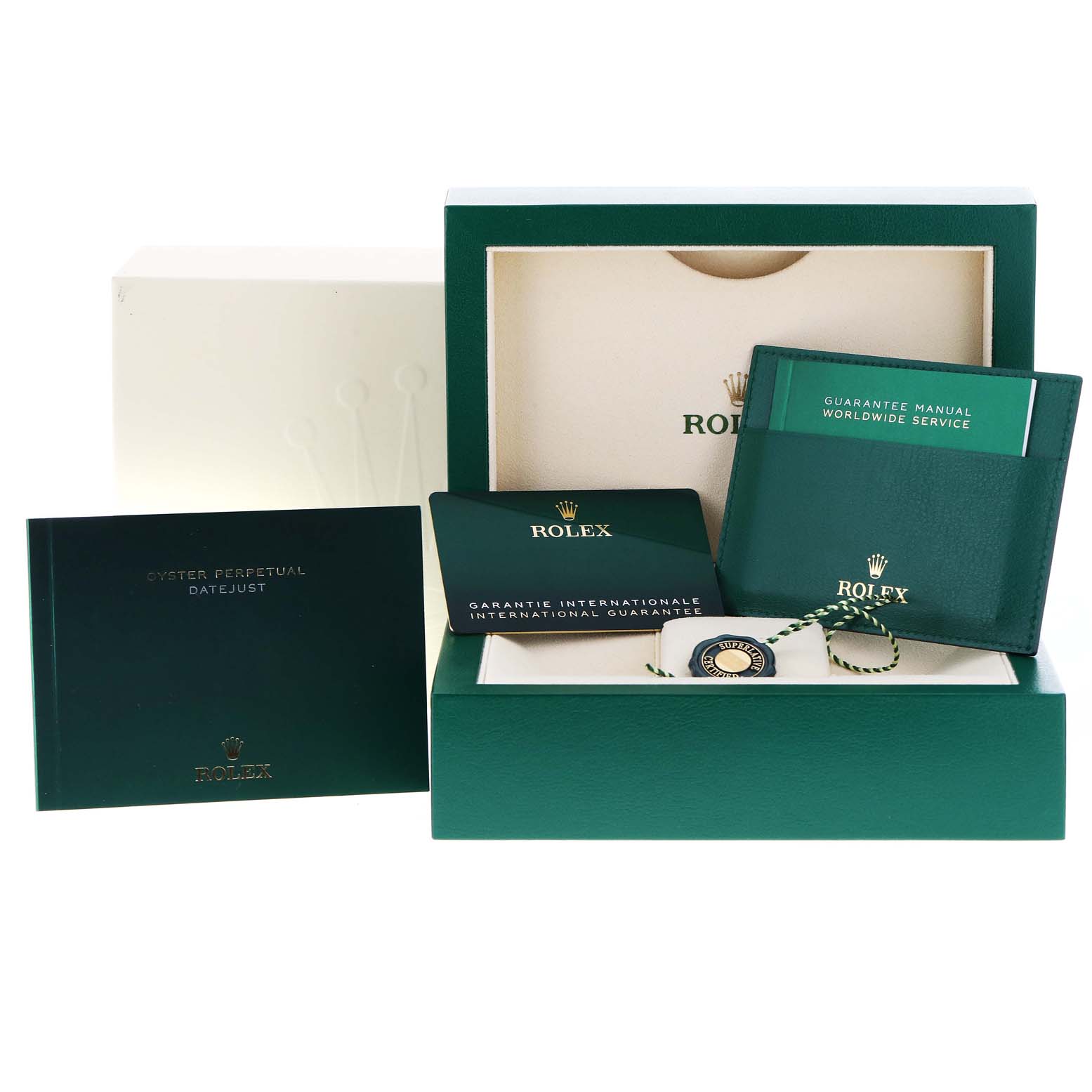 The image shows Rolex Datejust 41 126333 Men
s Steel and Gold (two tone) Silver Dial 126333 Men
s Steel and Gold (two tone) Silver Dial packaging, manuals, guarantee card, and a Rolex tag.