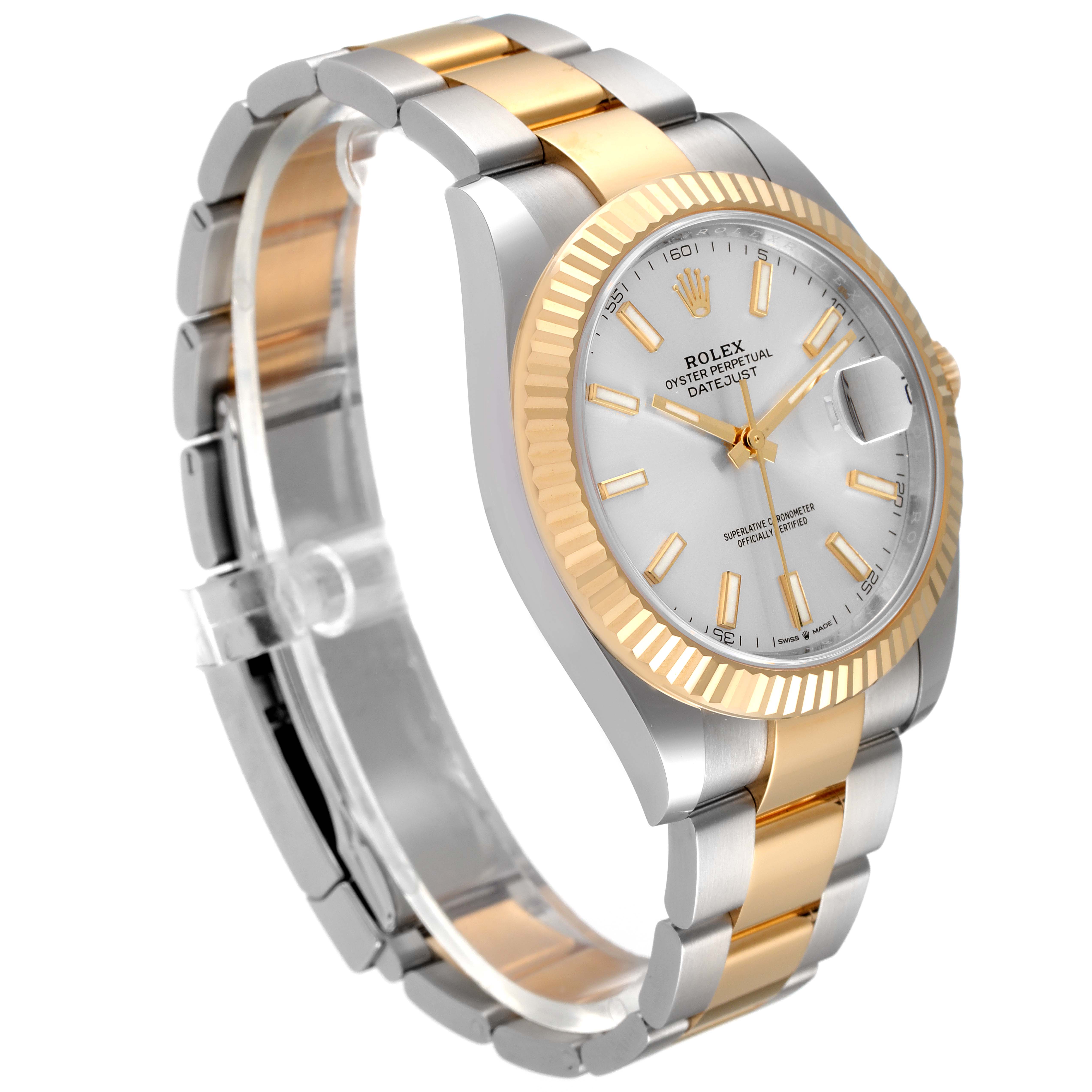 The Rolex Datejust 41 126333 Men
s Steel and Gold (two tone) Silver Dial 126333 Men
s Steel and Gold (two tone) Silver Dial watch is shown at a three-quarter angle, highlighting the dial, bezel, and bracelet.