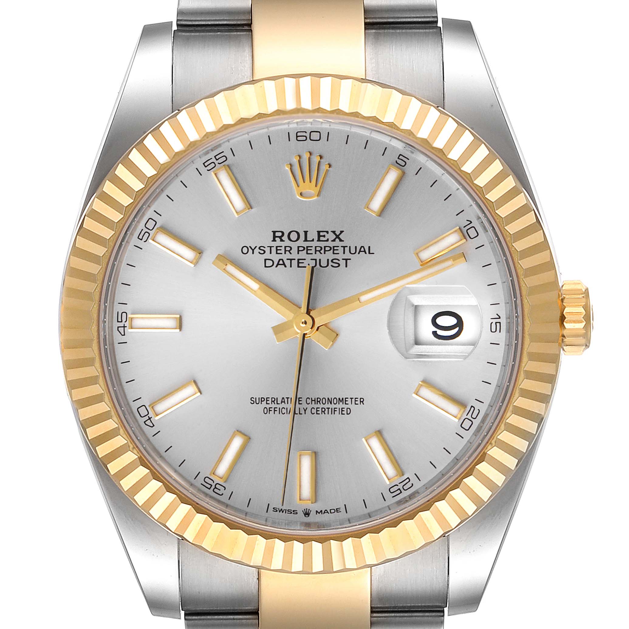 The image shows a front view of the Rolex Datejust 41 126333 Men
s Steel and Gold (two tone) Silver Dial 126333 Men
s Steel and Gold (two tone) Silver Dial, highlighting the watch
s face, bezel, and part of the bracelet.