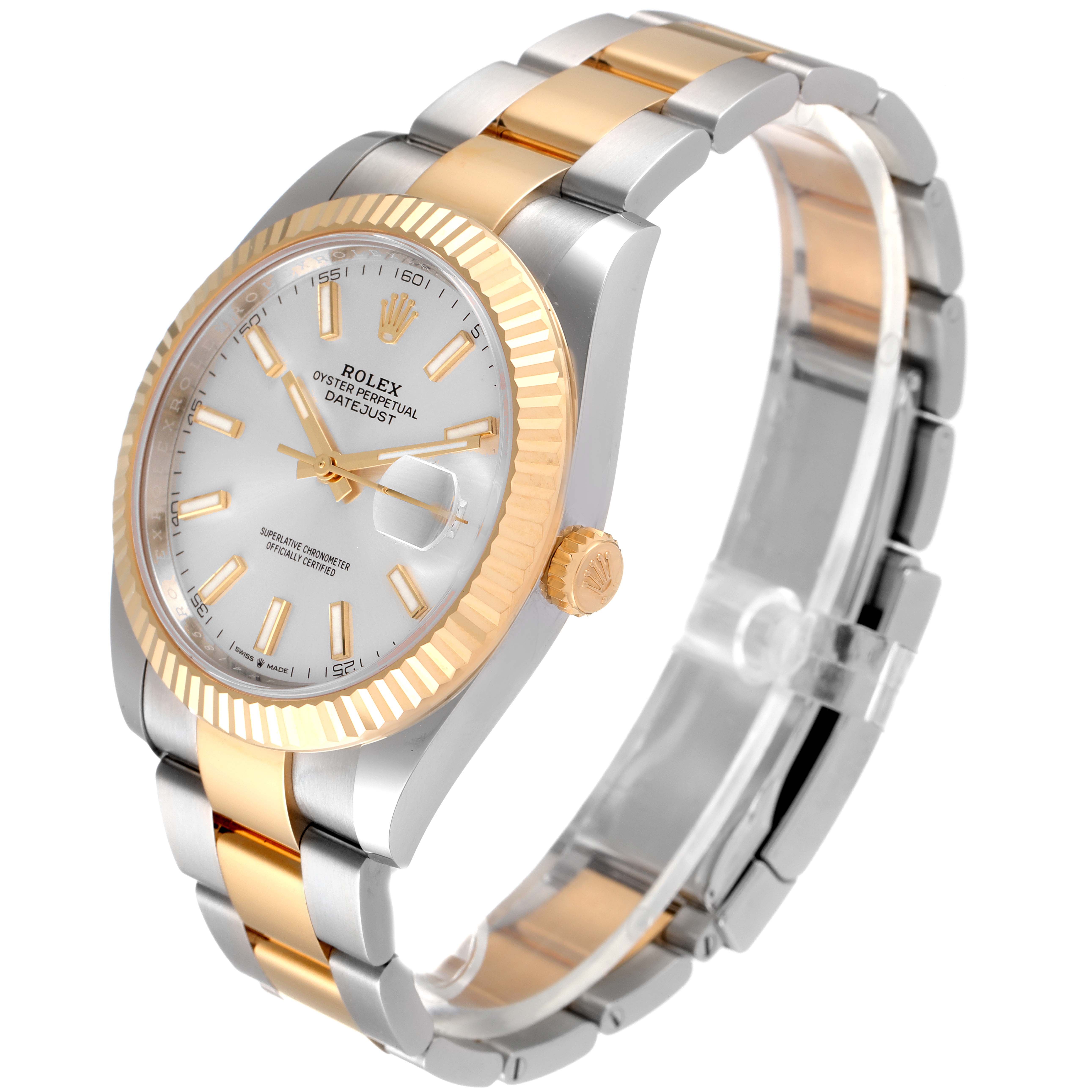 The Rolex Datejust 41 126333 Men
s Steel and Gold (two tone) Silver Dial 126333 Men
s Steel and Gold (two tone) Silver Dial watch is shown from an angled side view, displaying its two-tone bracelet, fluted bezel, and dial.