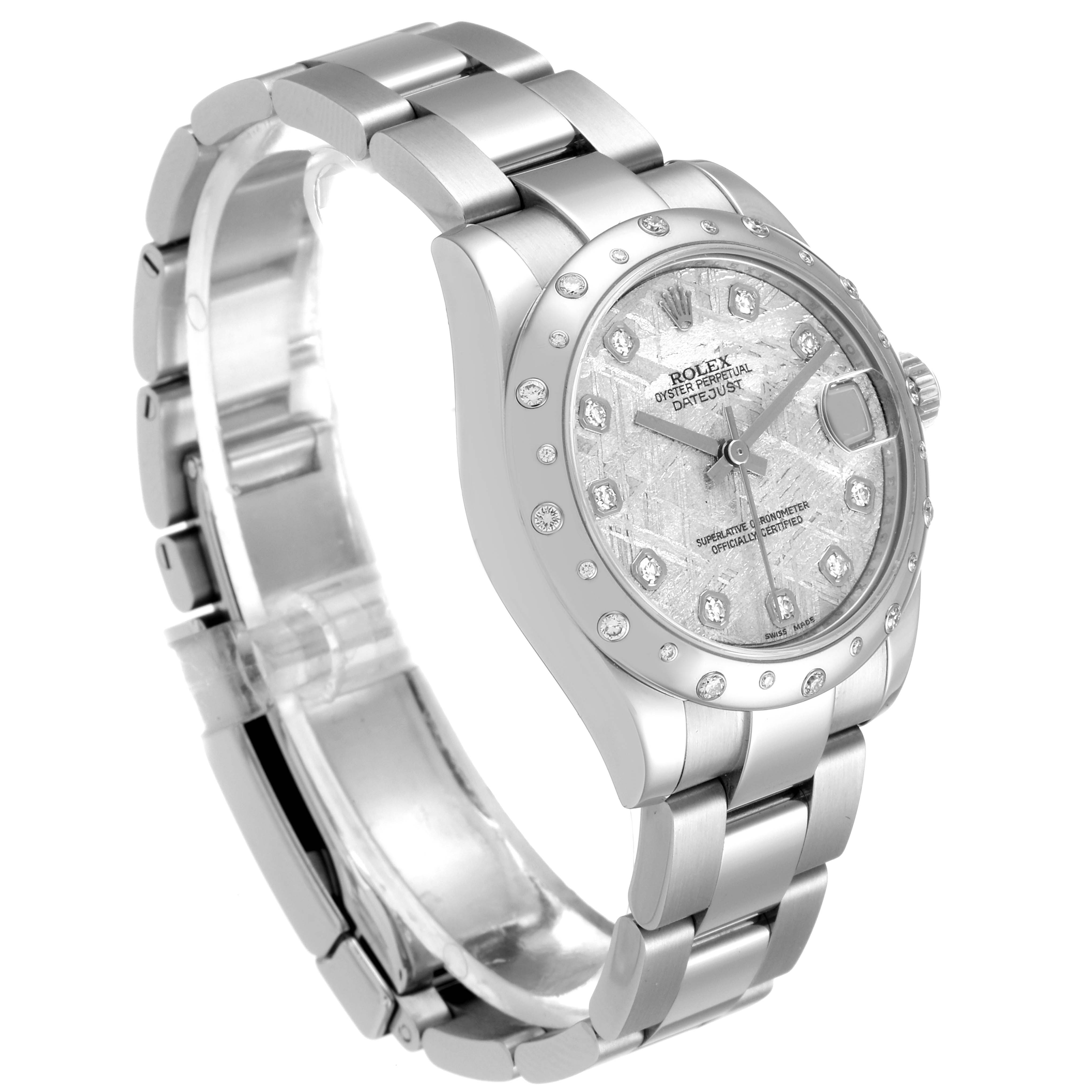 The image shows a Mid-Size Rolex Oyster Perpetual Datejust watch at a three-quarter angle, highlighting its bracelet and diamond bezel.