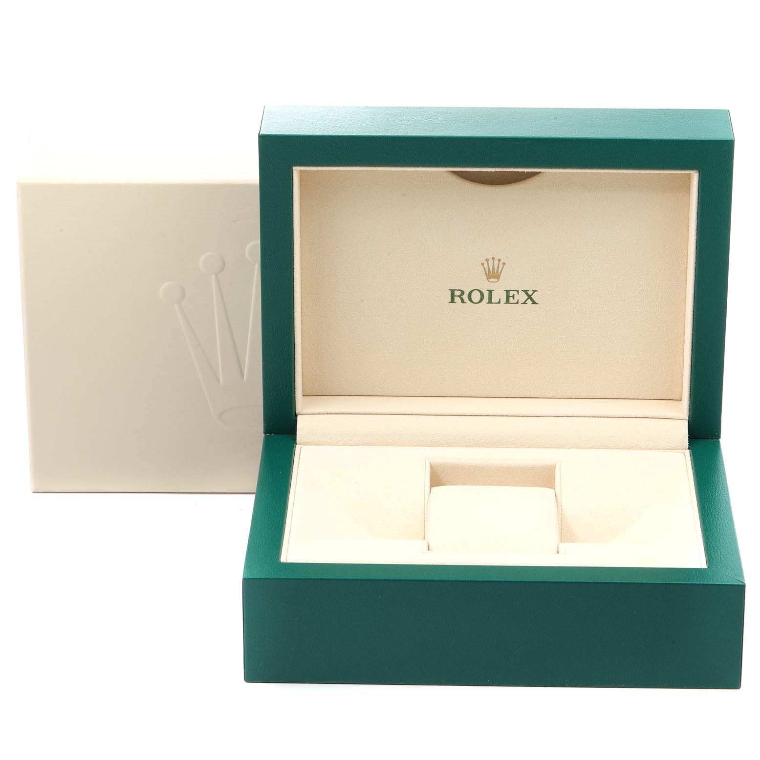 The image shows an open Rolex watch box for the Mid-Size model, featuring green and beige colors with the Rolex logo inside.