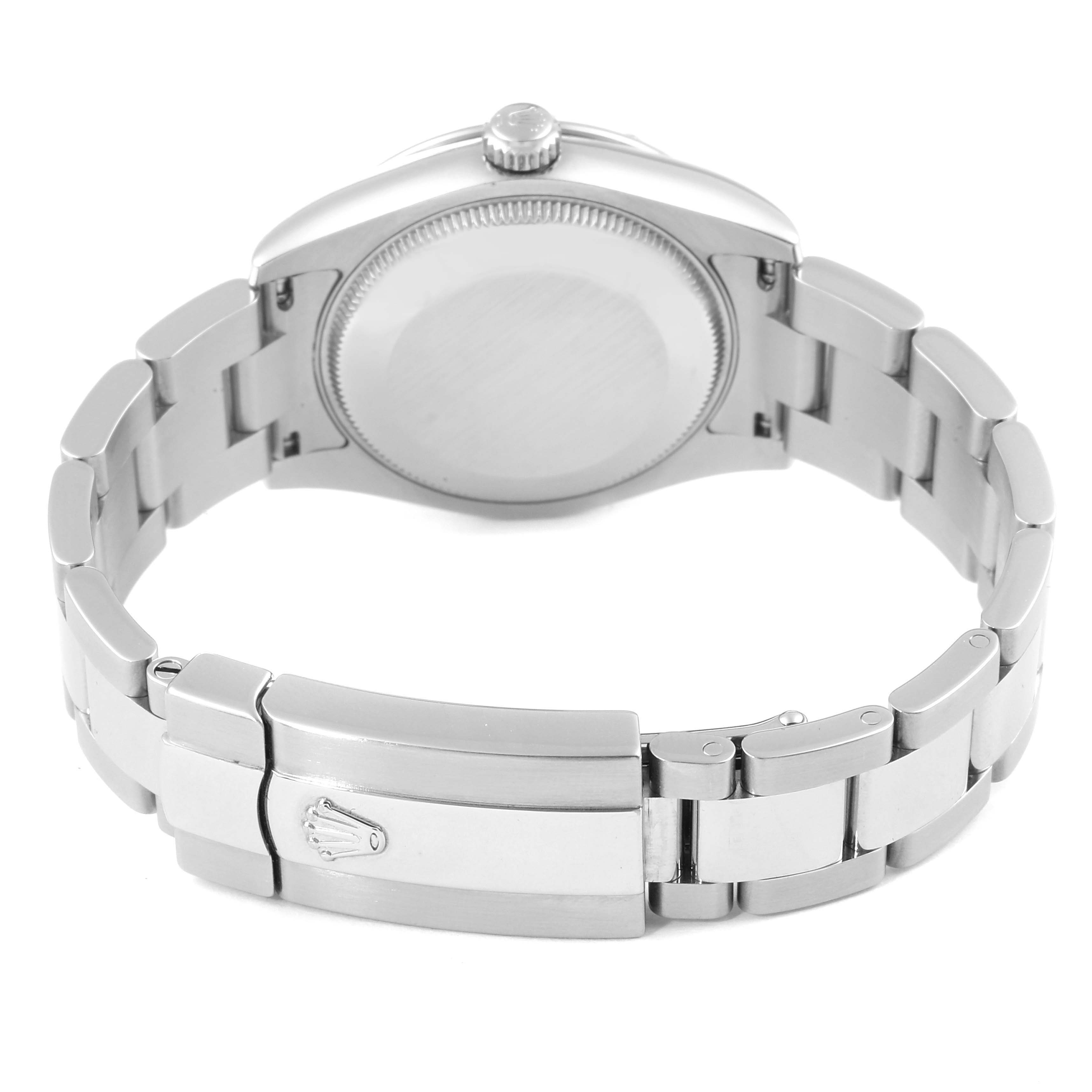 The image shows the back angle of a Rolex Mid-Size 178344 Women's Stainless Steel Silver Dial 178344 Women's Stainless Steel Silver Dial watch, highlighting its case back and bracelet clasp.